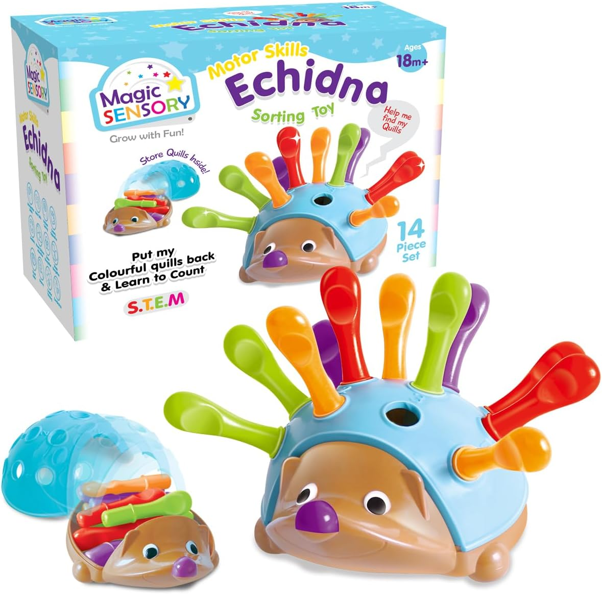 Magic Sensory Echidna Hedgehog Toy &ndash; Montessori STEM Fine Motor Skills & Counting Baby Toy &ndash; Interactive Educational Colour Sorting Sensory Toys for Toddlers 1-3 &ndash; 14 Piece Set image number 1