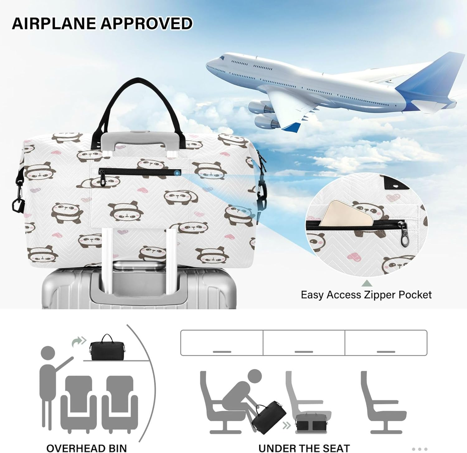 Travel Hand Bag Sport Training Bag Travel Weekender Gear Bag with Adjustable Strap for Trip Multifunctional Cute Cartoon Panda and Heart, Multi, 1 Size, Modern/Fitted, Multi, 1 Size, Modern/Fitted image number 2