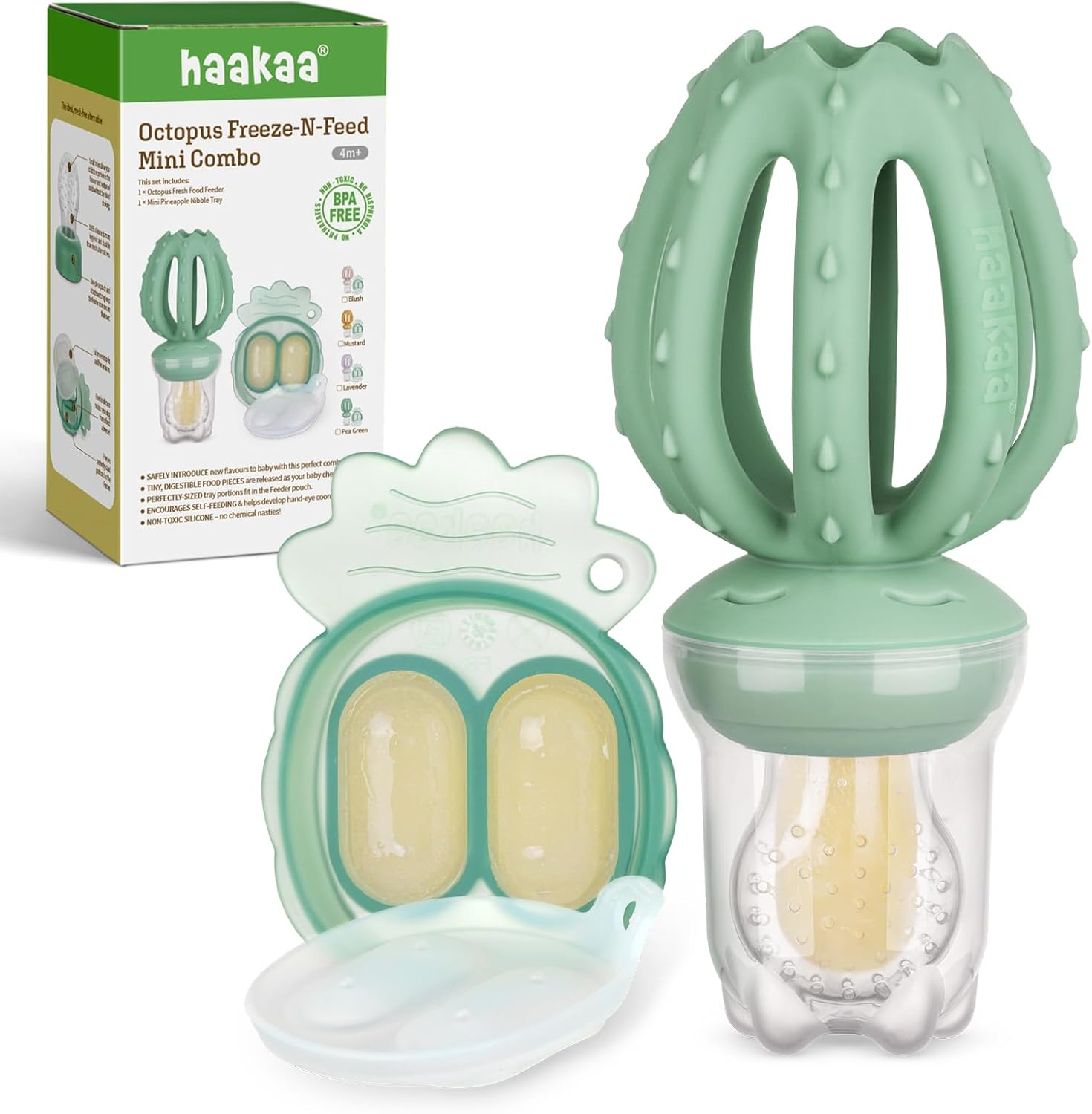 Haakaa Octopus Baby Fruit Food Feeder & Mini Freezer Nibble Tray Combo, Breastmilk Popsicle Molds for Cooling Relief, BPA Free Silicone Feeder for Safe Infant Self Feeding, 4 Month+ (Blush)