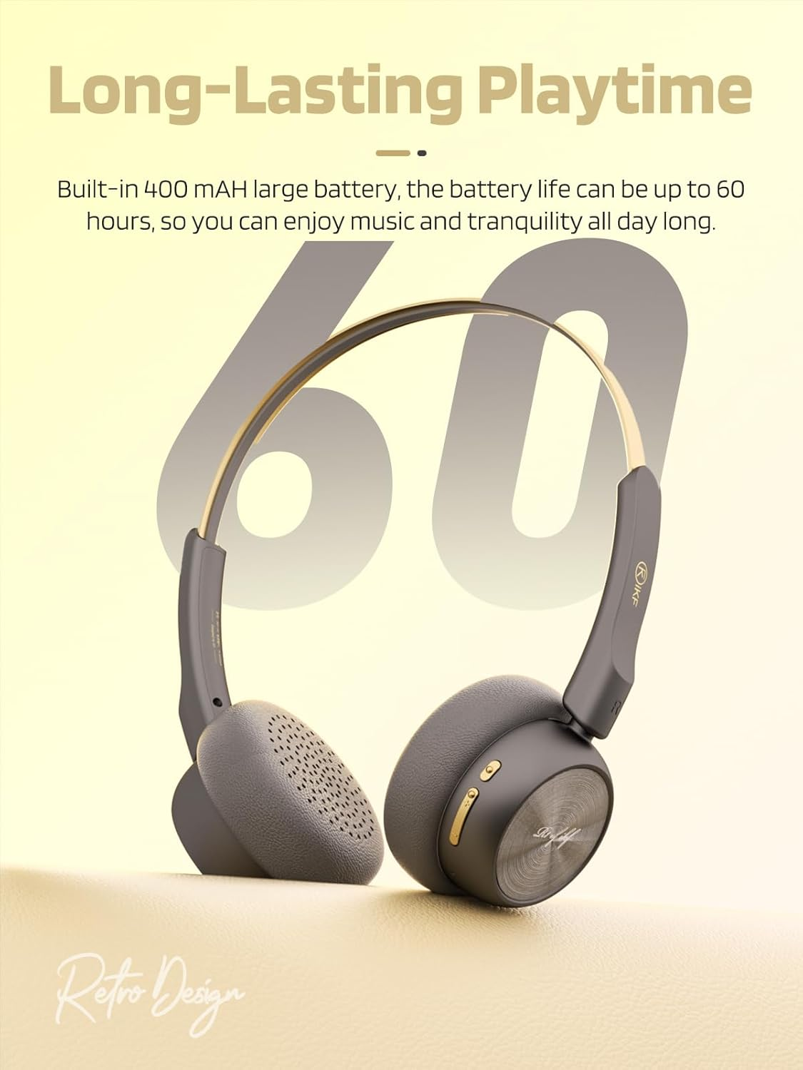 Ikf R1 Wireless On-Ear Headphones Bluetooth 5.4 Lightweight Retro Headphones 60H Playtime, Multipoint Connectivity, APP Volume Control, Built-In Microphone, for School, Travel, Commuting (Black Gold) - Black Gold image number 3