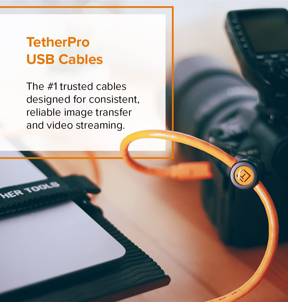 Tether Tools Tetherpro USB-C to USB 3.0 Micro-B Right Angle Cable | for Fast Transfer and Connection between Camera and Computer | High Visibility Orange | 15 Feet (4.6 M) image number 4