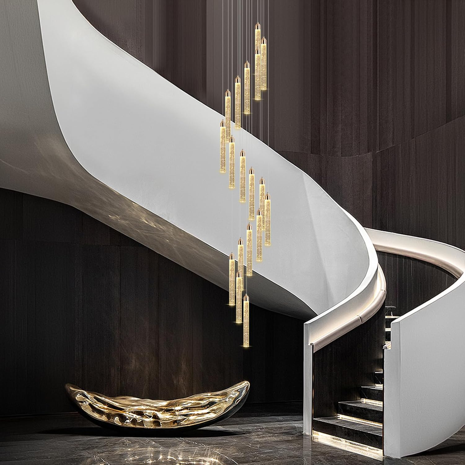 USOR 12-Light High Ceiling Chandeliers LED Modern Silver Crystal Chandelier for Staircase Entryway 3 Colors Dimmable Spiral Large Pendant Light for Luxury Chandelier Living Room Hallway Foyer Lobby