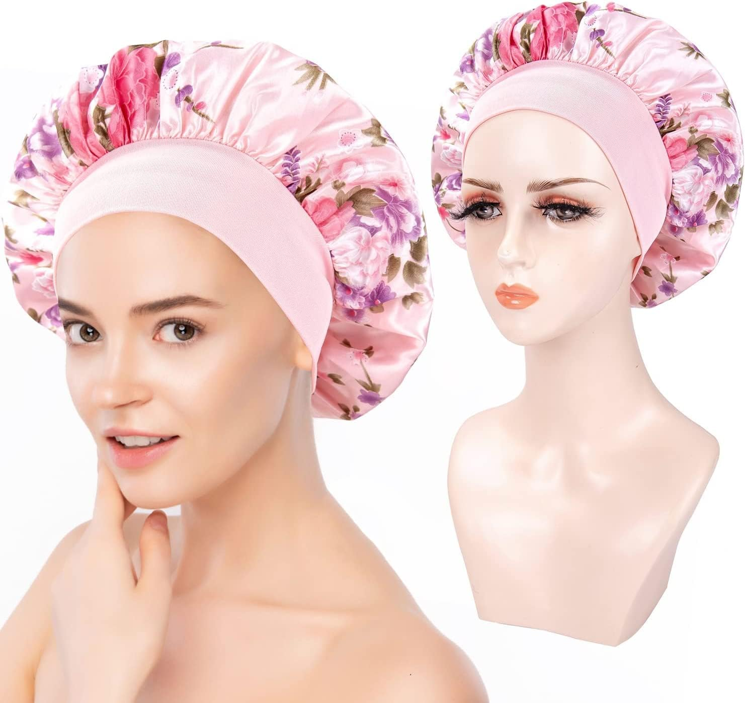 WUBAYI 3 Pcs Soft Satin Bonnet, Silk Bonnet Hair Wrap for Sleeping, Sleeping Hair Care Cap Bonnets, Night Sleeping Head Cover Sleeping Hat for Women and Girls Curly Hair image number 3