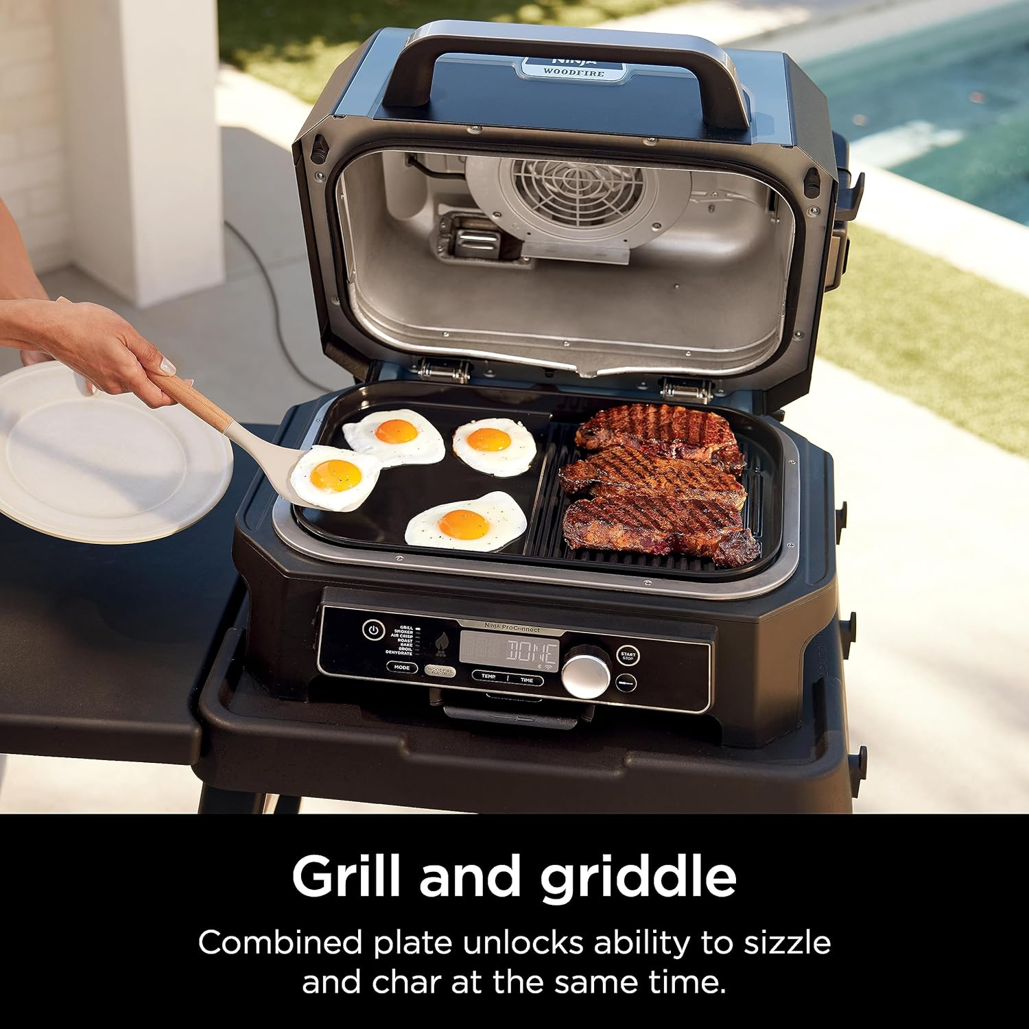 Ninja XSKGRDLXL Woodfire Grill & Griddle Plate, Compatible with OG800 and OG900 Series, 2-In-1 Grill and Griddle Functionality, Ceramic, Nonstick Coating, Black image number 1