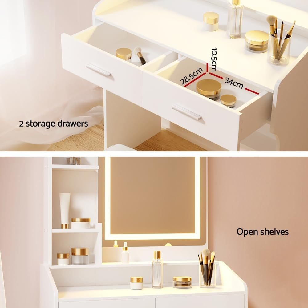Artiss Dressing Table, LED Mirror Makeup Stool Set Wooden Vanity Desk Chair, Home Bedroom Furniture Girls Kids Women Organisers, Drawers Shelves Wide Tabletop White image number 4