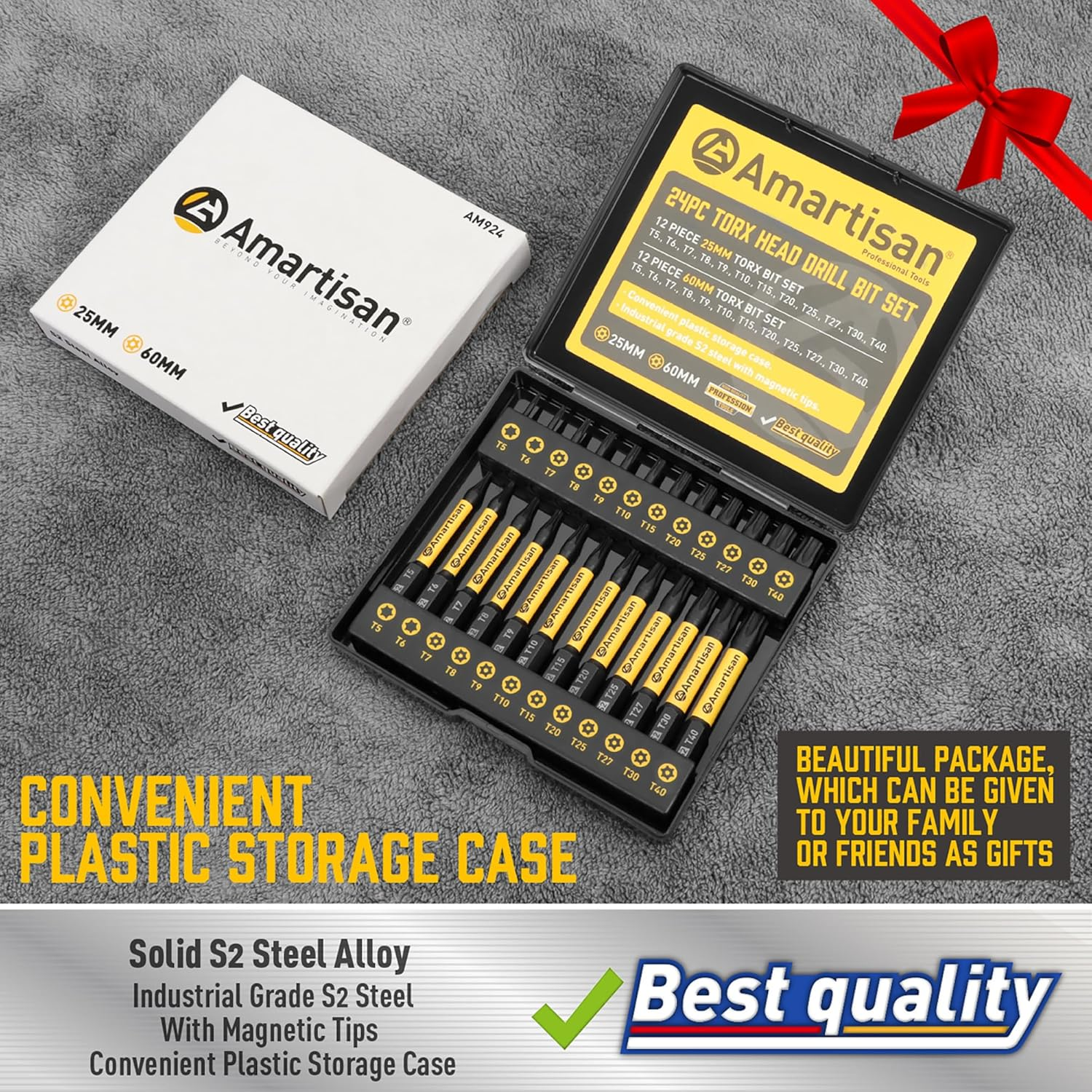 Amartisan Torx Bit Set, 24-Piece Security Torx Bit Set, Tamper Resistant Star Bits Set S2 Steel, 1" and 2.3" Long T5 - T40