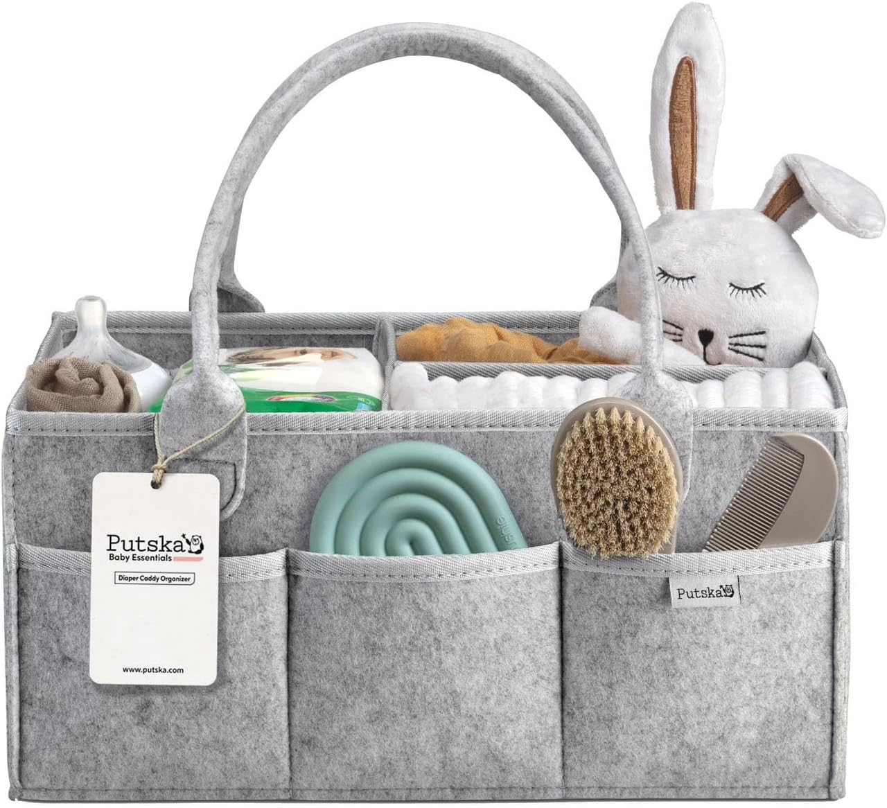 PUTSKA Baby Diaper Caddy Organizer - Nursery Storage Basket for Diaper Station, Baby Basket Shower Gift List and Registry Must-Have, Newborn Essentials, Nursery Decor for Boy or Girl - Grey, Large