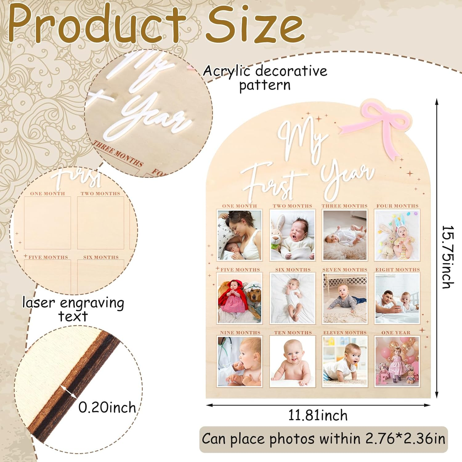 Weysat Pink Bow My First Year Photo Board, Wood 3D Coquette One Year of Photo 12 Months Monthly Milestone Board Picture Display Frame 1St Birthday Decorations Gift Bow Nursery Decor image number 3