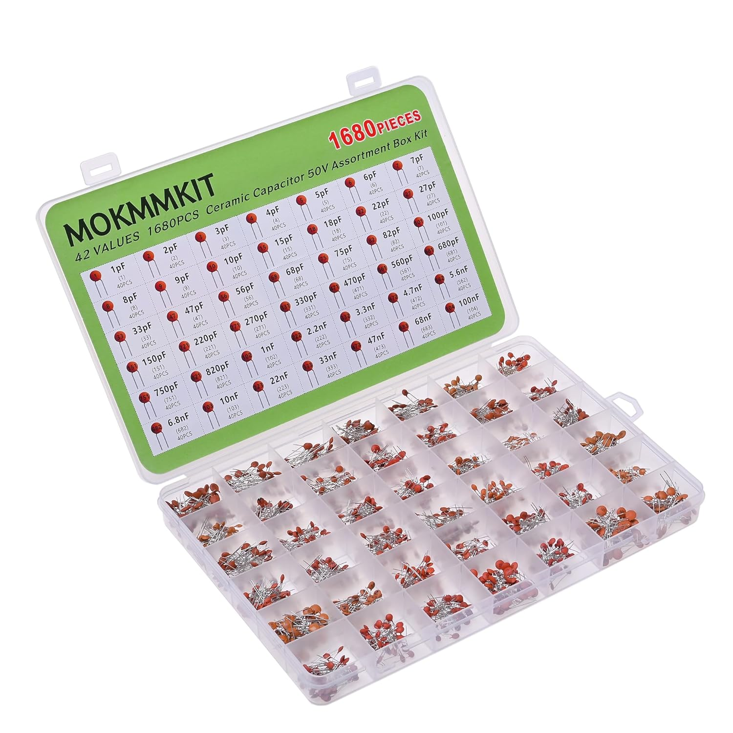 42 Values 1680 Pieces Ceramic Capacitor Kit 1Pf - 100Nf 50V Multilayer Monolithic Chip Capacitors Assortment Kit image number 3