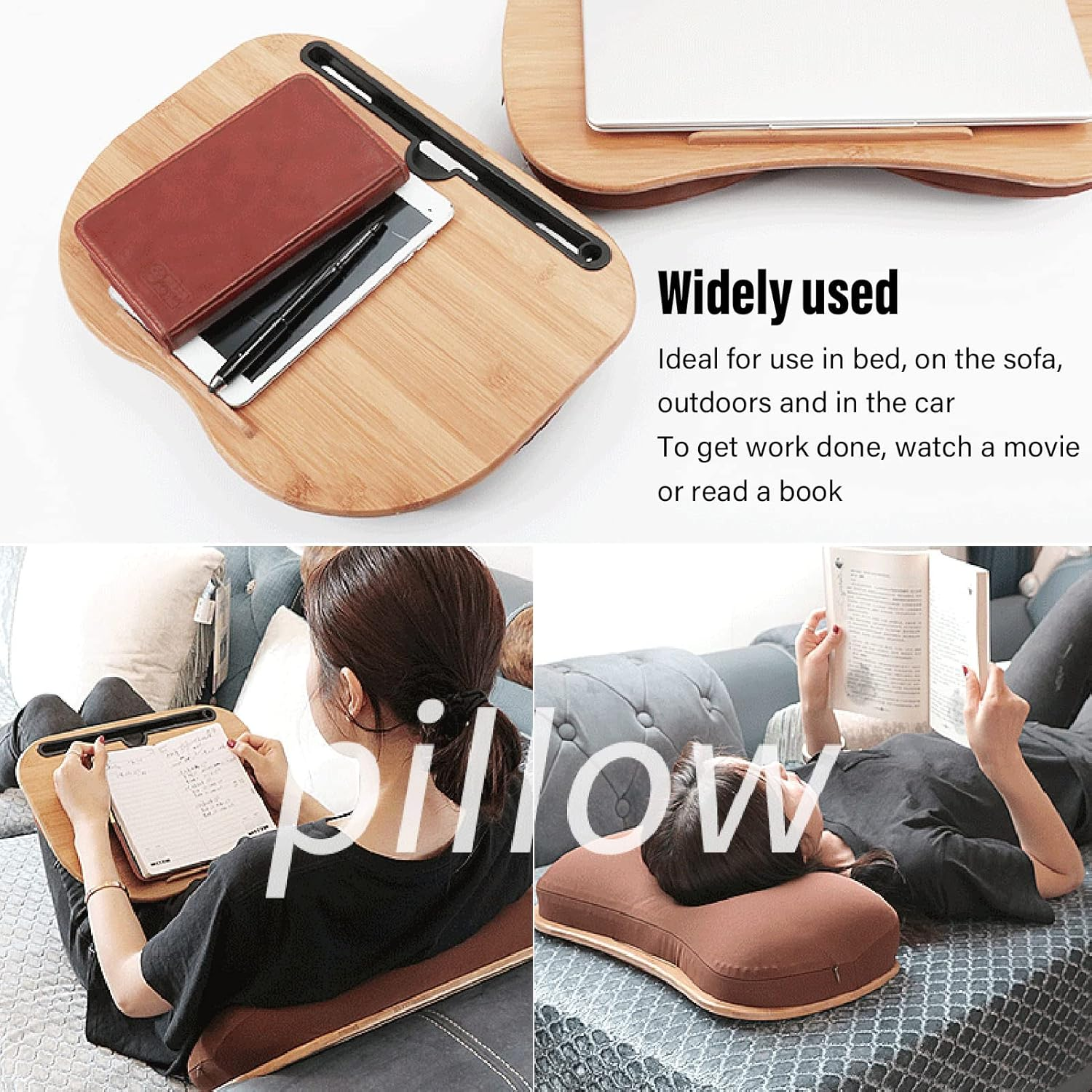 Home Office Lap Desk, Laptop Desk Bamboo Wood Desk, up to 15.6 Inch Laptop Desk, Portable Lap Desk with Pillow Cushion for Working Writing Drawing image number 4