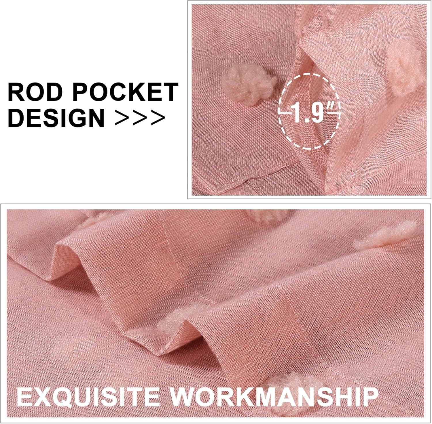 Smarcute Pom Pom Linen Textured Sheer Curtains for Bedroom Light Filtering Semi Sheer Rod Pocket Curtain & Drapes for Living Room, Nursery Room, Set of 2 Panels, (Coral Pink, 132 X 160 Cm)