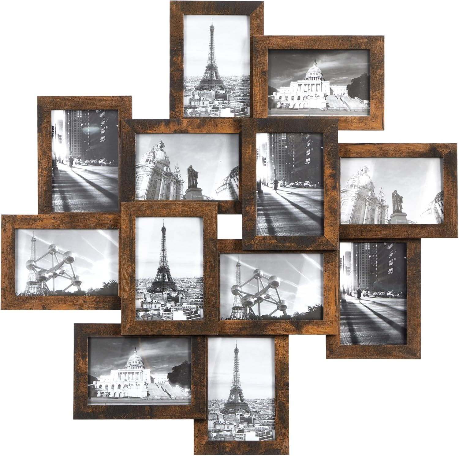 SONGMICS Picture Frame Collage for 12 Photos in 4X6, Picture Frames, Photo Frame Set, Glass, Assembly Required, Wall-Mounted, Family Photos, MDF, Rustic Brown RPF022X01