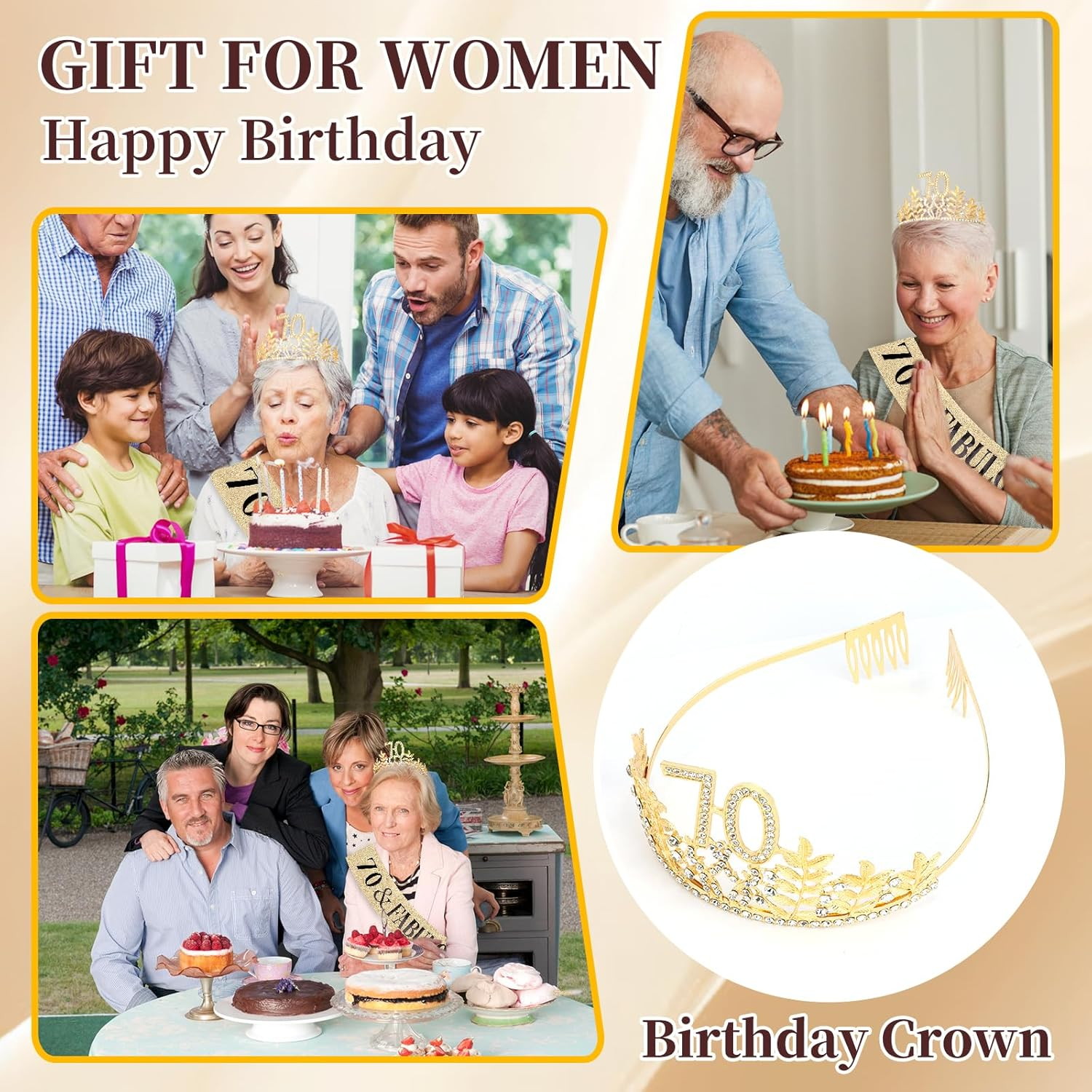 Chanaco 70Th Birthday Decorations for Women, 70 & Fabulous Sash and Crown, Gold 70 Year Old Gifts, Happy Birthday Tiara for Party Decor image number 6