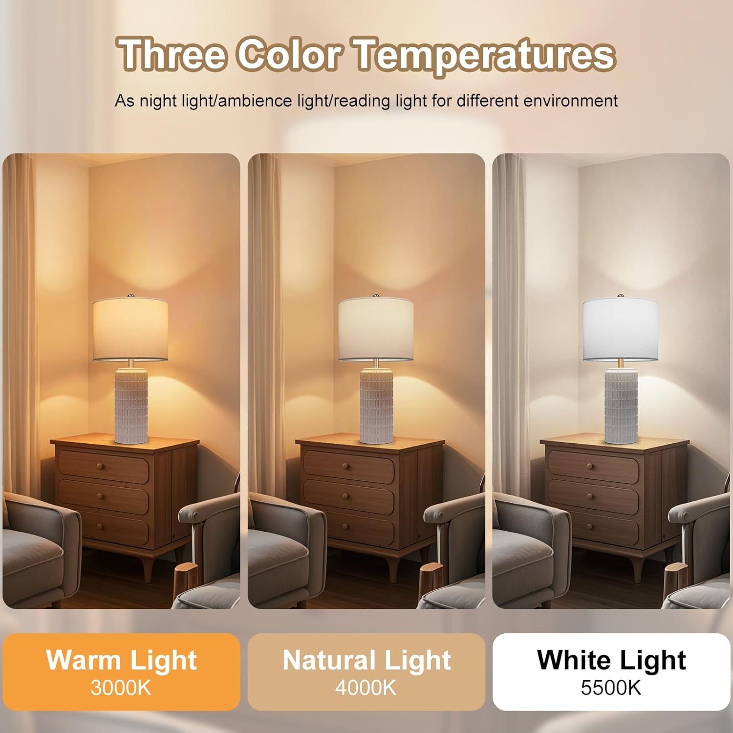 Webcem Ceramic Bedside Table Lamps Set of 2 with 3 Color Temperatures, Modern Lamps for Living Room Bedroom Bathroom Office Hotel Entrance Hall, Nightstand Lamps with White Linen Shade image number 1