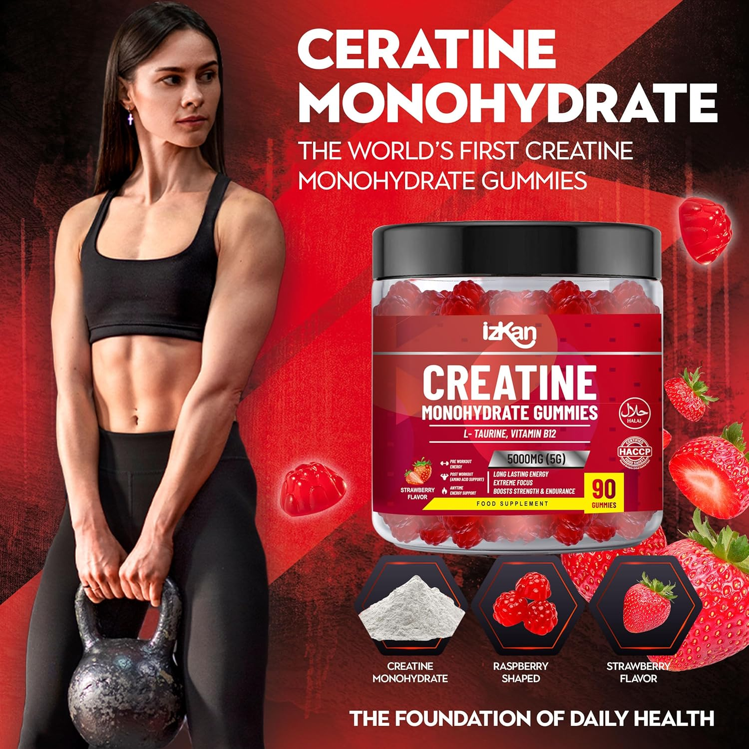 Pro Creatine Monohydrate Gummies 5G for Men & Women - 90 Chewable Creatine Gummies Strawberry Flavoured Gym Pre Workout Gym Supplement Vegan (1) image number 2