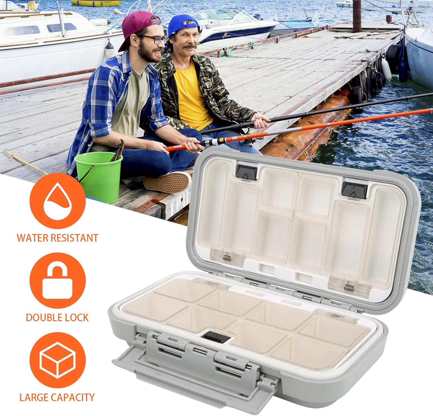 Fishing Lure Box, Waterproof Portable Lightweight Tackle Storage Box with Rubber Shock Absorber, Plastic Fishing Accessories Box for Angler (Orange S) - Green S image number 6