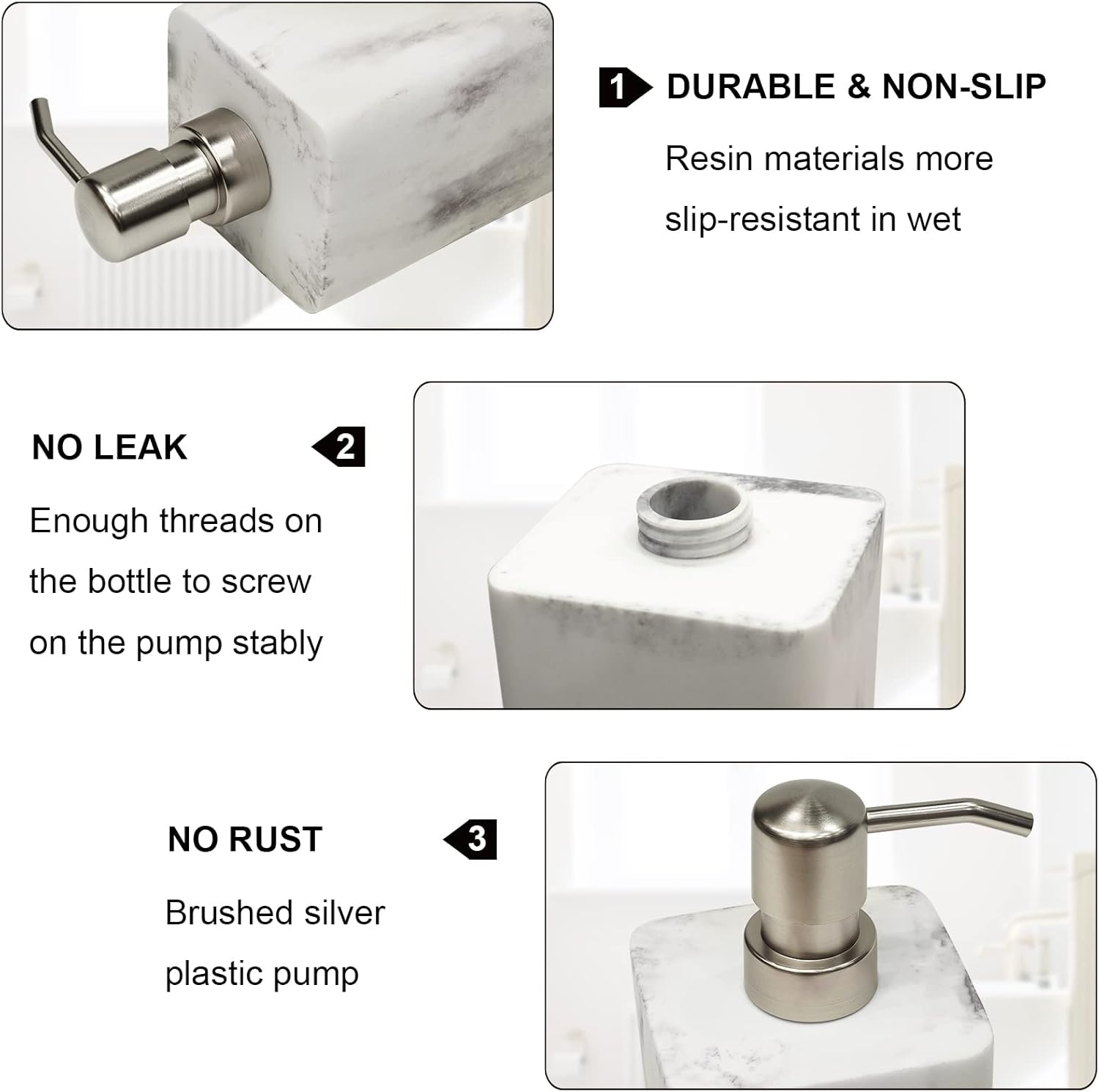 Soap Dispenser Set 2-Pack White & White Marble Style,Refillable Liquid Square Suanti Resin Decorative Soap Dispenser for Bathroom Countertop & Kitchen Home Decor (14.5 Oz) image number 3