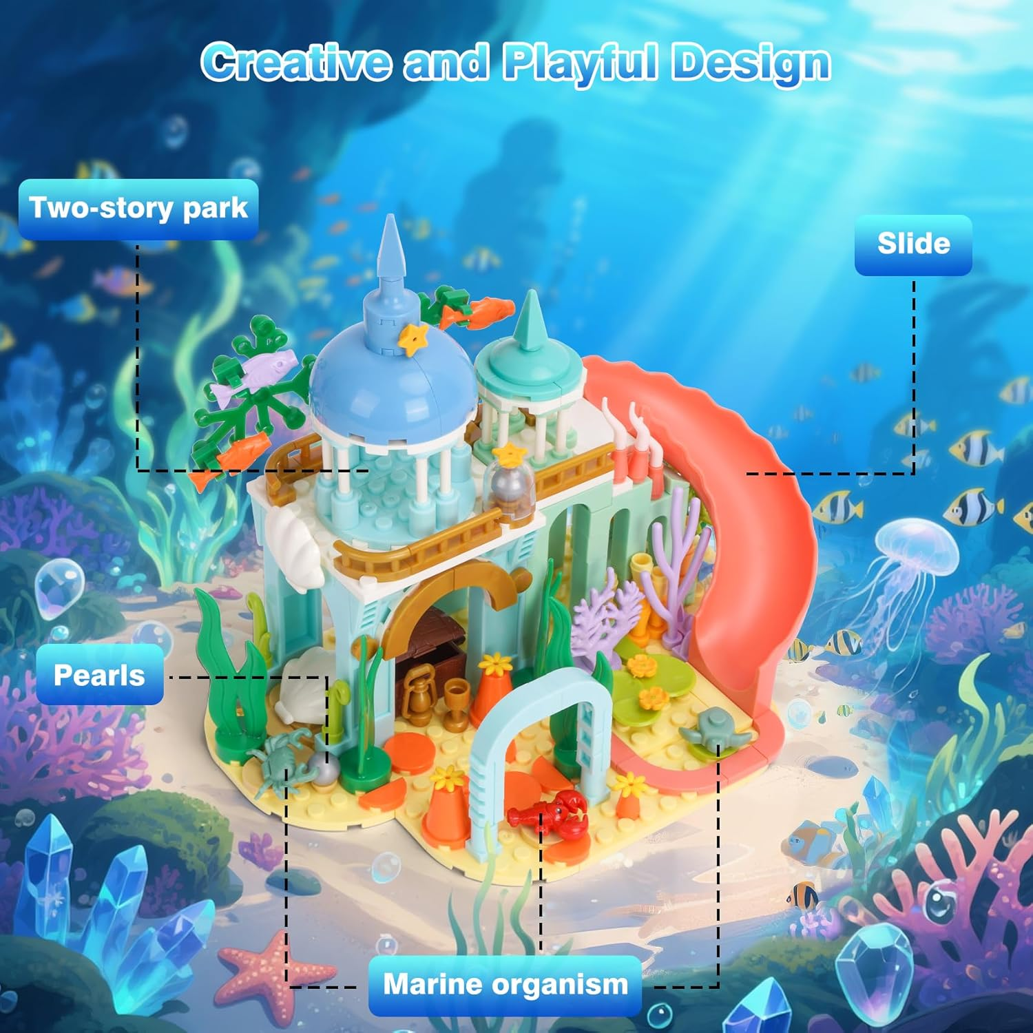 Vinbosion Princess Castle Building Blocks, Ocean Building Toy with Slide, Building Blocks Gift for Christmas, Birthday, New Year (300 Pieces) image number 4