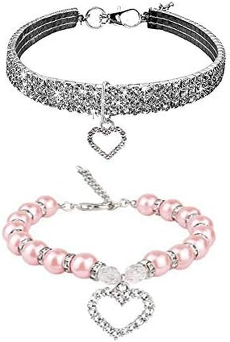 Rhinestones Dog Collar and Pearl Dog Necklace Set, Adjustable Neck Strap Bling Full Diamond Crystal Cute Pearl Dog Collar for Small Girls Cats Puppy Accessary for Wedding Birthday Party (4Pcs)