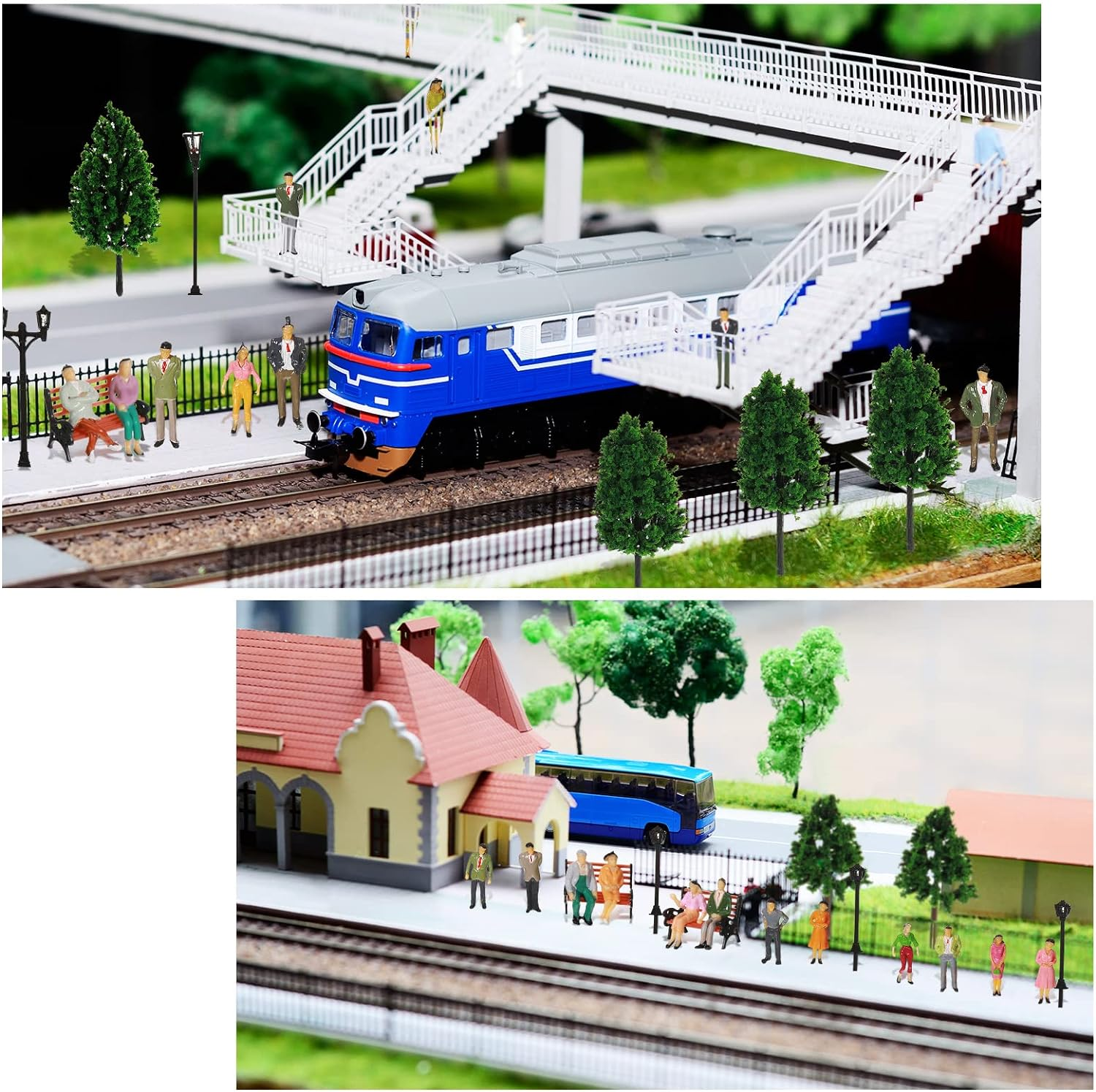 Sratte 55 Pcs 1:30 Scale Model Trains Architectural Scale Painted Figures Set, Include 30 Miniature People 5 Street Lamps 11 Mixed Model Trees 5 Park Street Seat 4 Fake Grass for Miniature Scene image number 6