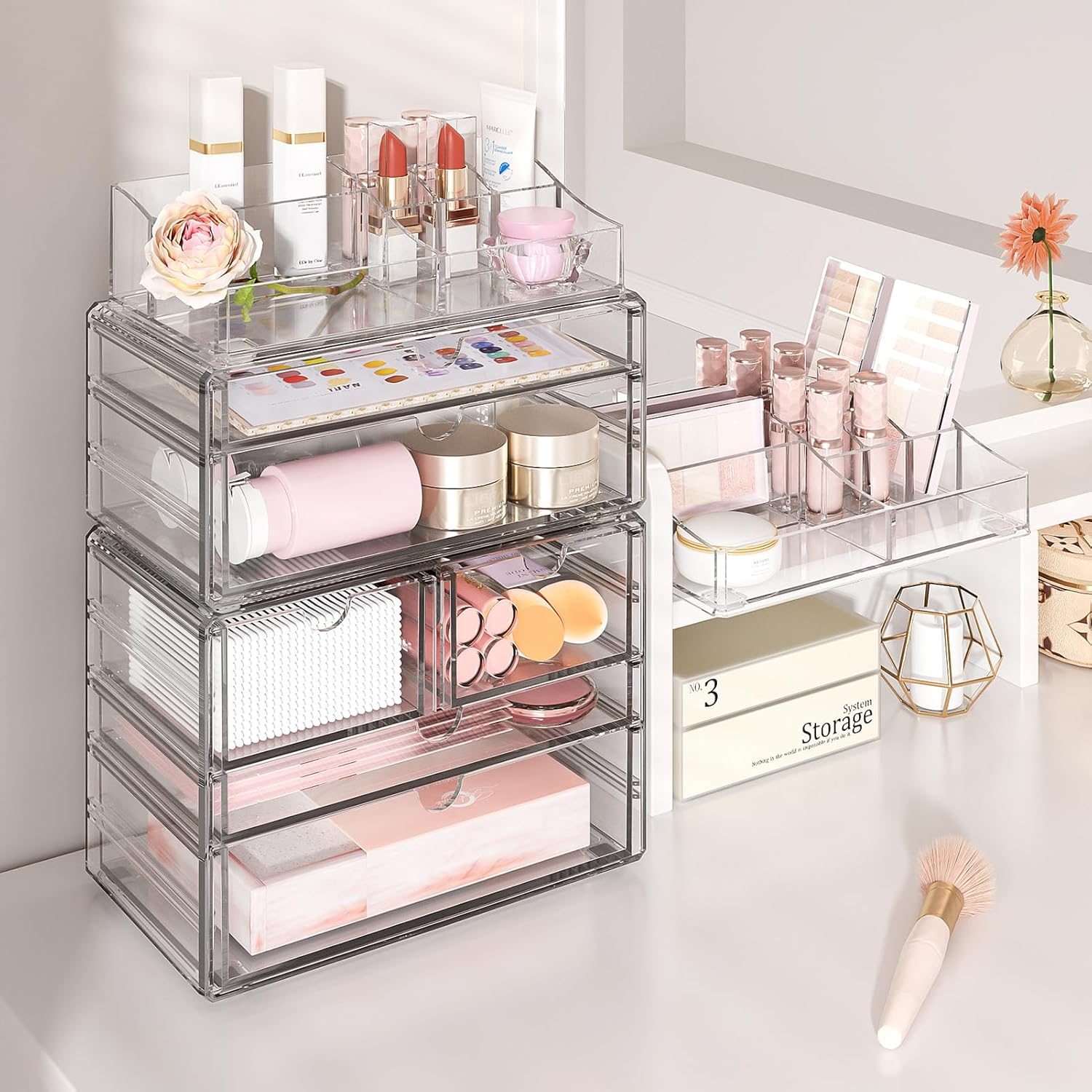 Delamu 3-Tier Clear Makeup Organizer with Drawer, Acrylic Cosmetic Display Case for Makeup Vanity Bathroom Counter Organizers and Storage, Stackable Vanity Organizer for Brushes Lipsticks Skincare