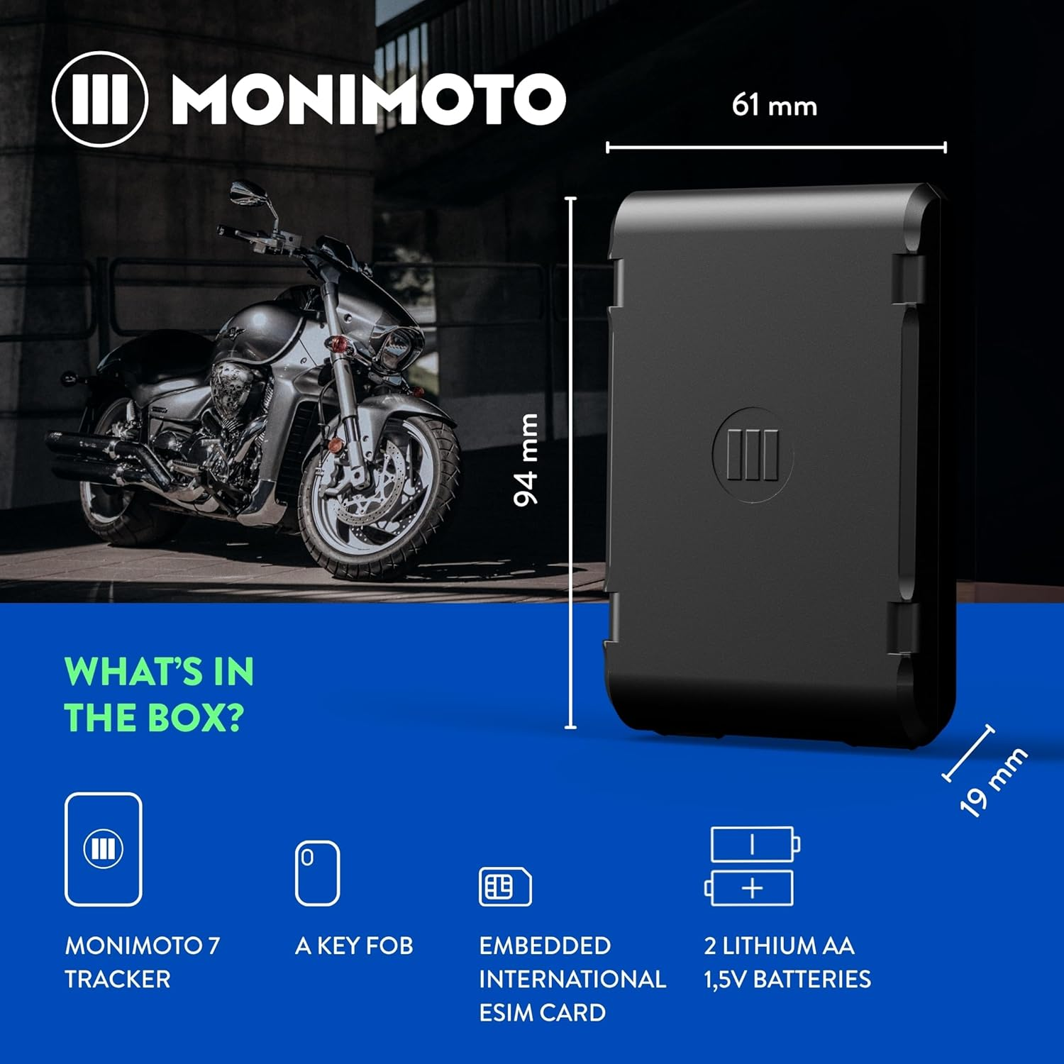 Monimoto 7 (2022) plus 3 Edition Motorcycle Tracker and Alarm with DIY Installation, No Wiring Required - Smart Motorcycle GPS Tracker - GPS Tracker for Vehicles, Scooters, Quad Bike Atvs image number 1
