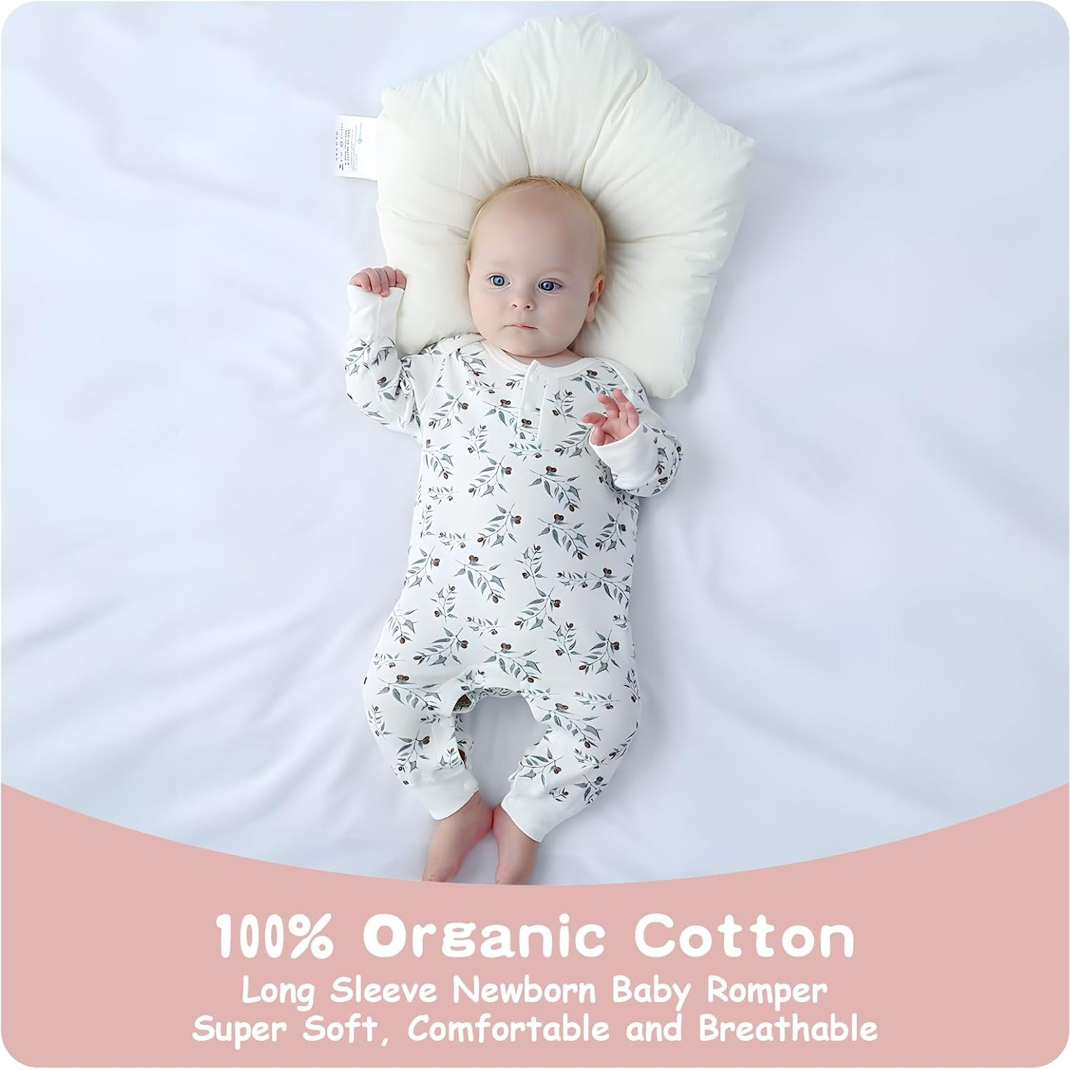 Cherie Kids 100% Organic Cotton Soft Baby Romper for Boys Girls Unisex, Long Sleeve, 0-24 Months