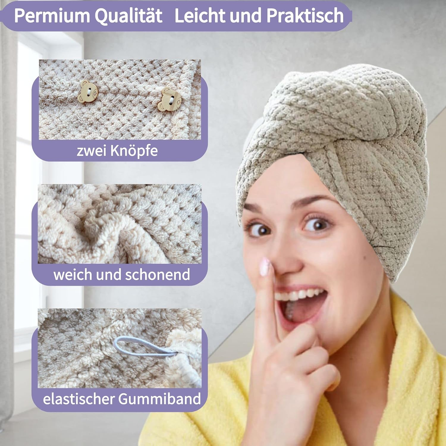 Pruhofan Hair Turban Microfibre Towel Hair Quick-Drying Towel Hair Turban Towel with Button, Microfibre Towel for Hair, Hair Turban Quick Drying for All Hair Types (2 Pieces) image number 5