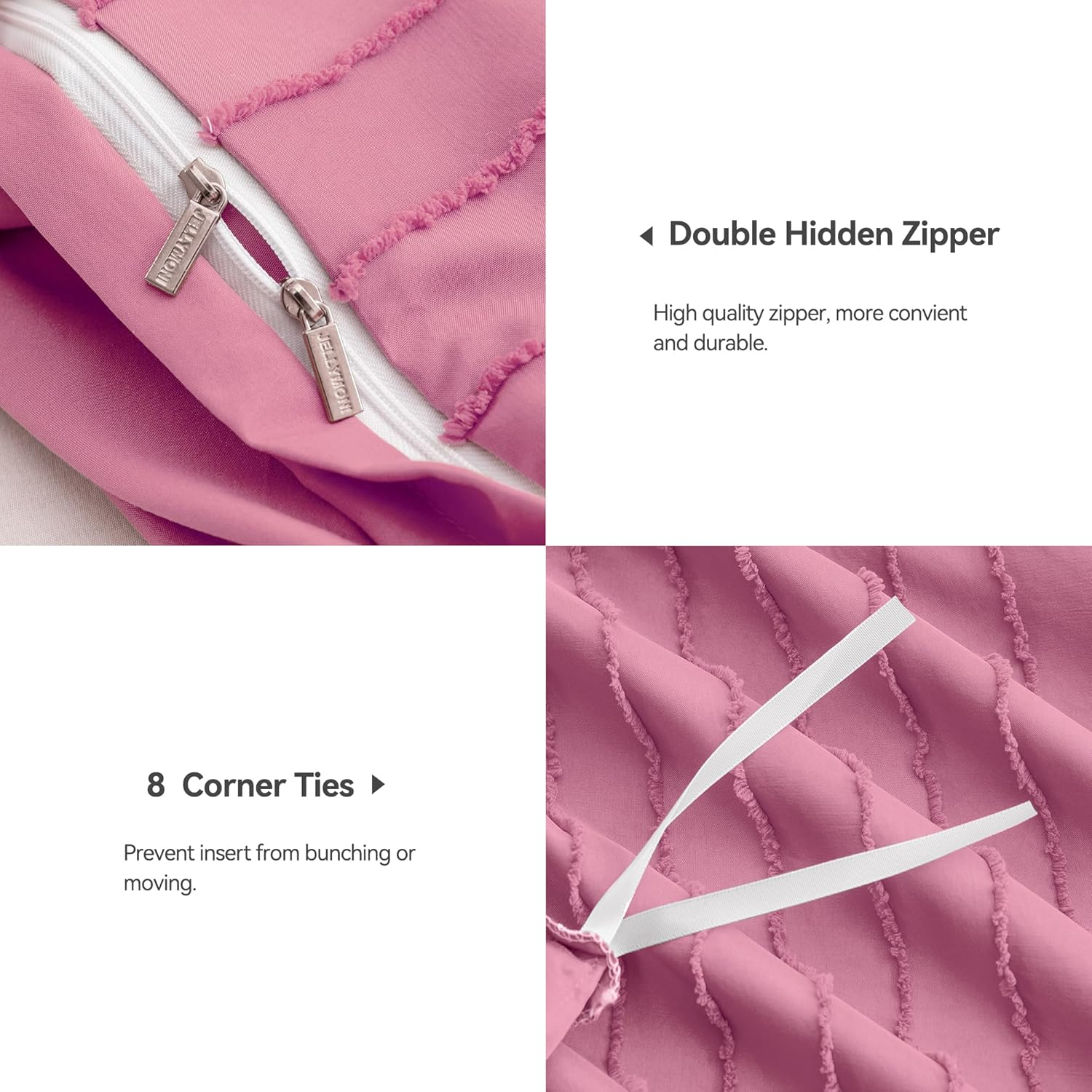 JELLYMONI Barbie Pink Duvet Cover Queen Size - 3PCS Microfiber Tufted Duvet Cover Set, Boho Striped Tufted Textured Duvet Cover with Corner Ties & Zipper Closure image number 4