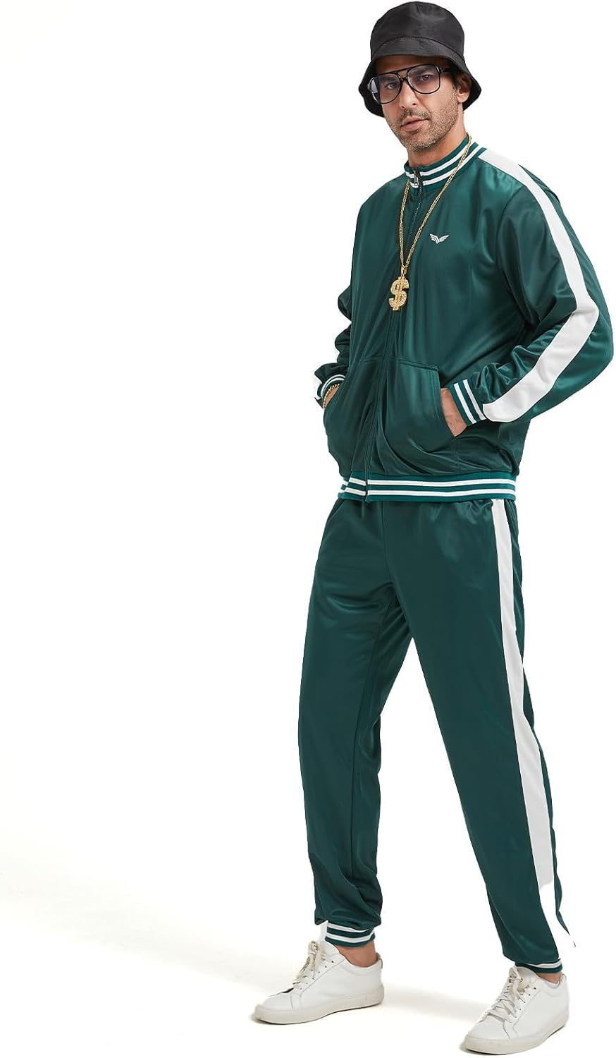 Slowton Mens 80S 90S Costume - Retro Tracksuit Set Lightweight Green Long Sleeve Jacket Pant Set, Disco Outfit Sportswear Hip Hop Tracksuit Urbanwear Streetwear for Rock Festivals Carnival Party