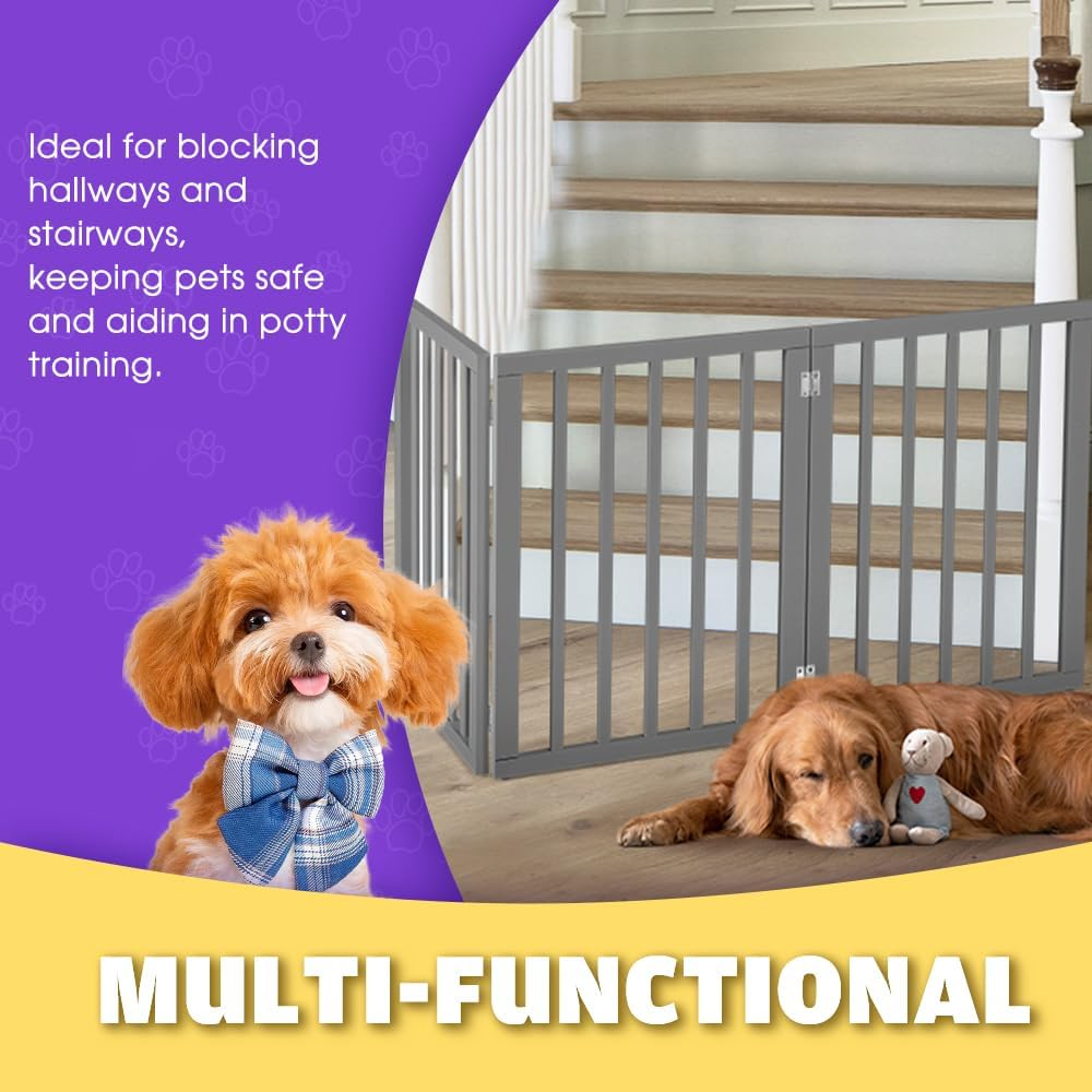 Petzly Collapsible Dog Gate, Freestanding Pet Barrier for Puppies, Small Dogs, and Cats - Ideal for House Stairs, Doorways, and Bedrooms, No-Drill, Indoor/Outdoor, 3-Panel - 141CM X 61CM, Grey