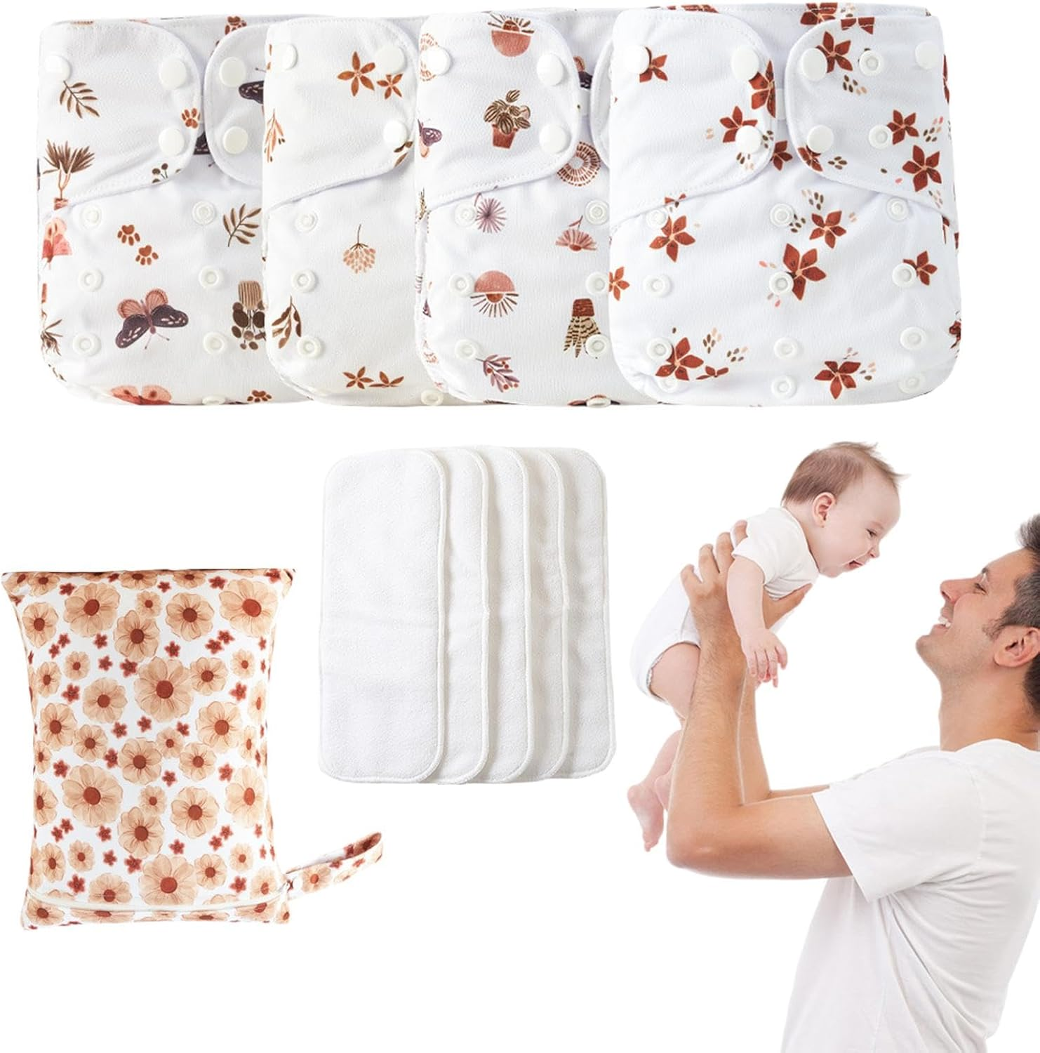 Qkbuza Cloth Diapers for Babies | Adjustable Washable Cloth Baby Diapers | 4X Absorbent & Breathable Liners, Waterproof Cover with 4 Inserts & 1 Wet Bag for Toddler Boys Girls