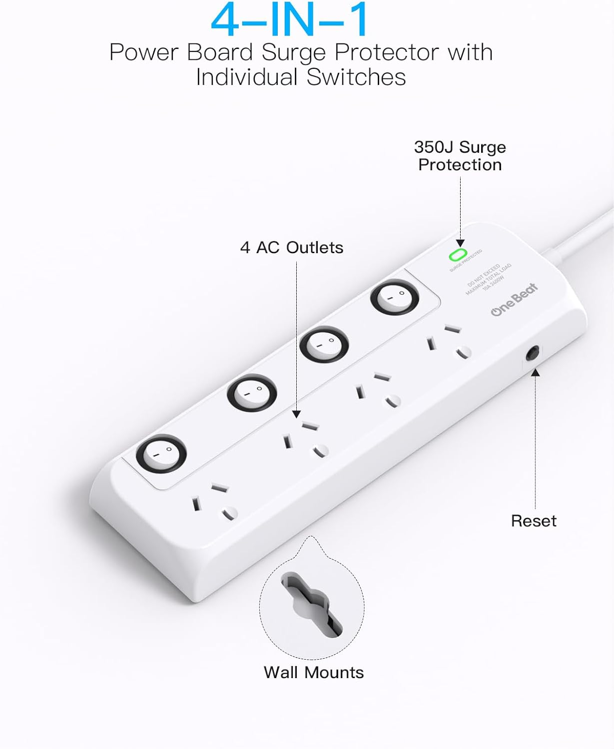 Power Board Surge Protector with Individual Switch,Power Strip with 4 AC Outlets, 1.2M Extension Cord 350 Joules Powerboard,Extension Board Wall Mount for Home,Dorm Room and Office image number 2