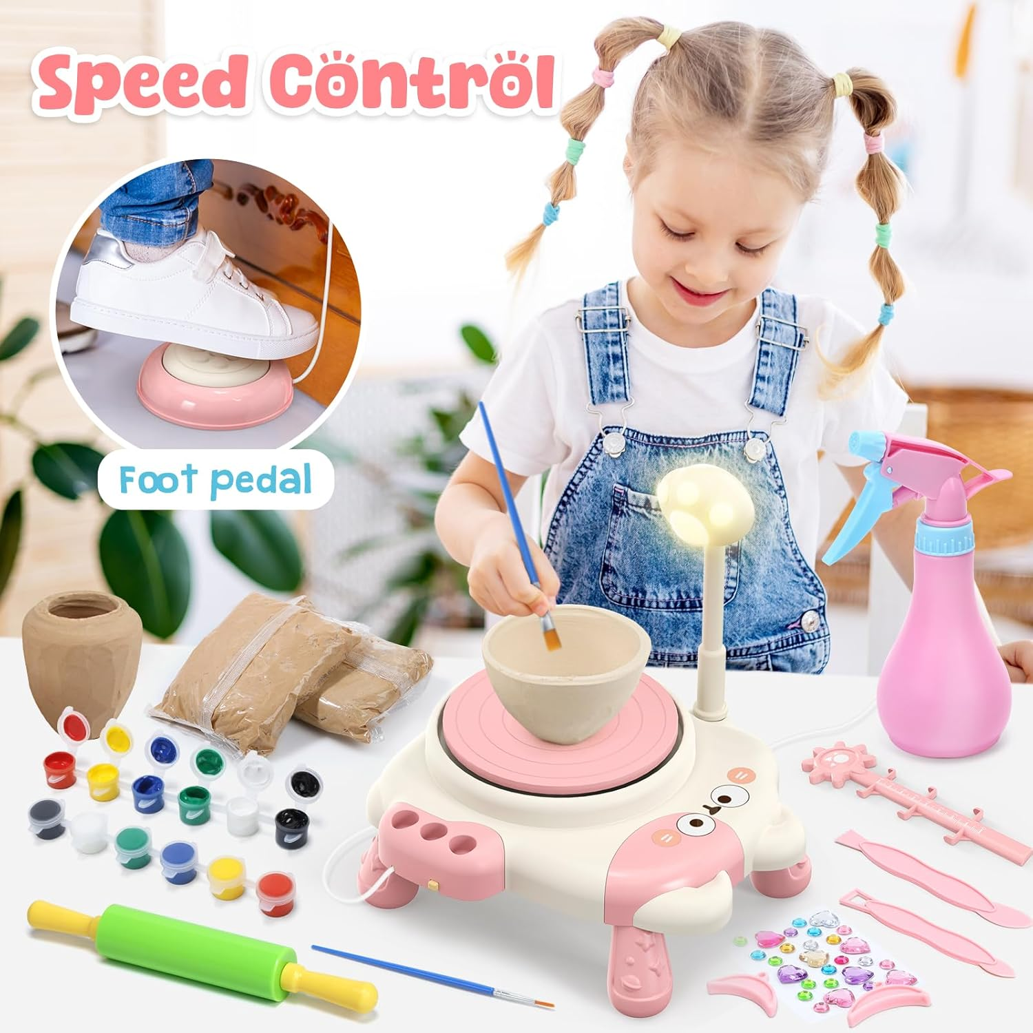 Skirfy Mini Pottery Wheel Machine Kit for Beginners Kids with Light,Electric Ceramic Wheel with Foot Pedal&Painting Kit, Adjustable Speed, Tiny Clay Spinner DIY Tools for Art Craft,Toy for Kids Age 6+ image number 2