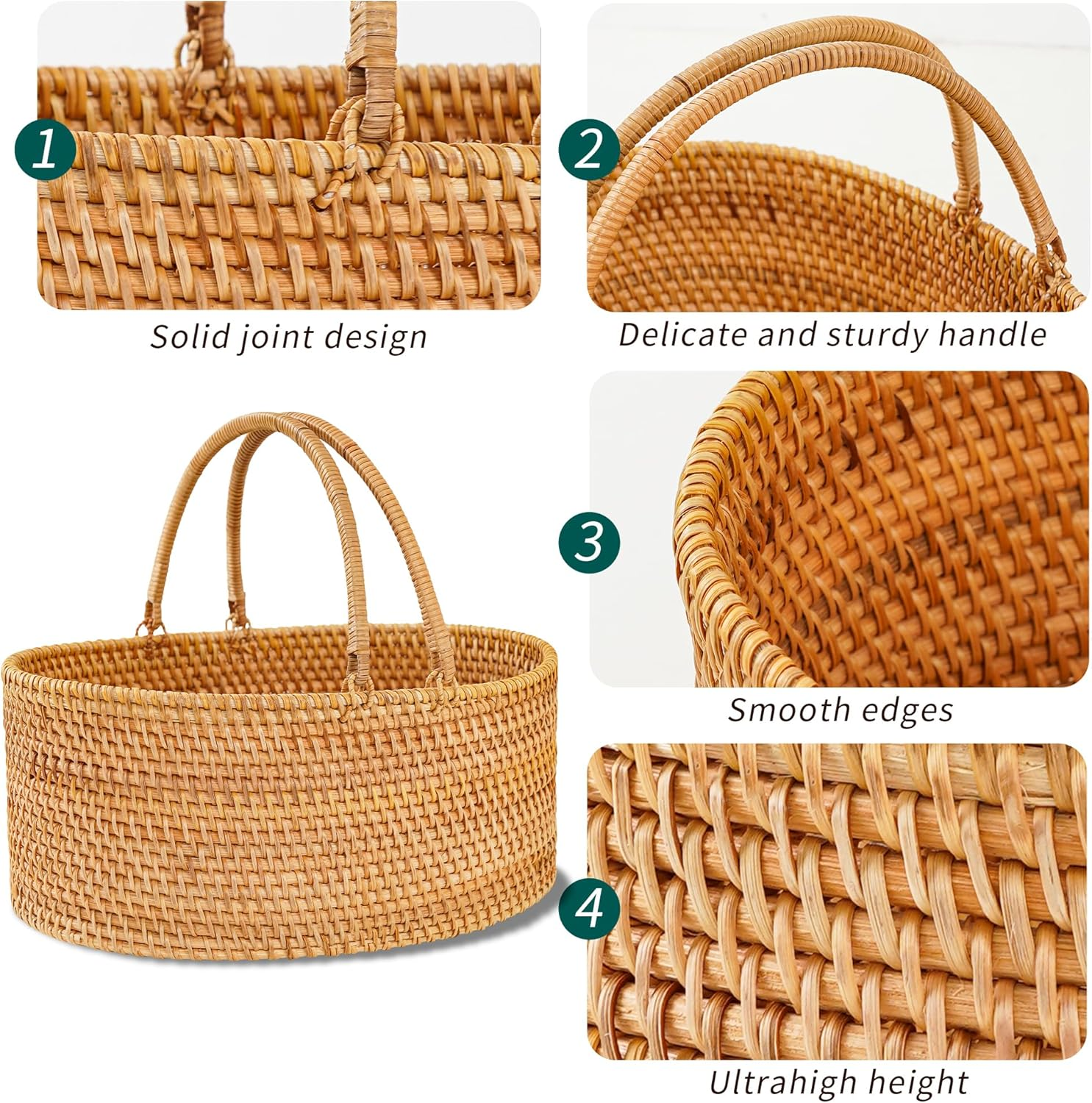 35&times;26&times;15CM Rattan Picnic Basket with Handles, Large Oval Gift Baskets for Fruit, Empty Gift Basket for Festival, Wedding, Camping