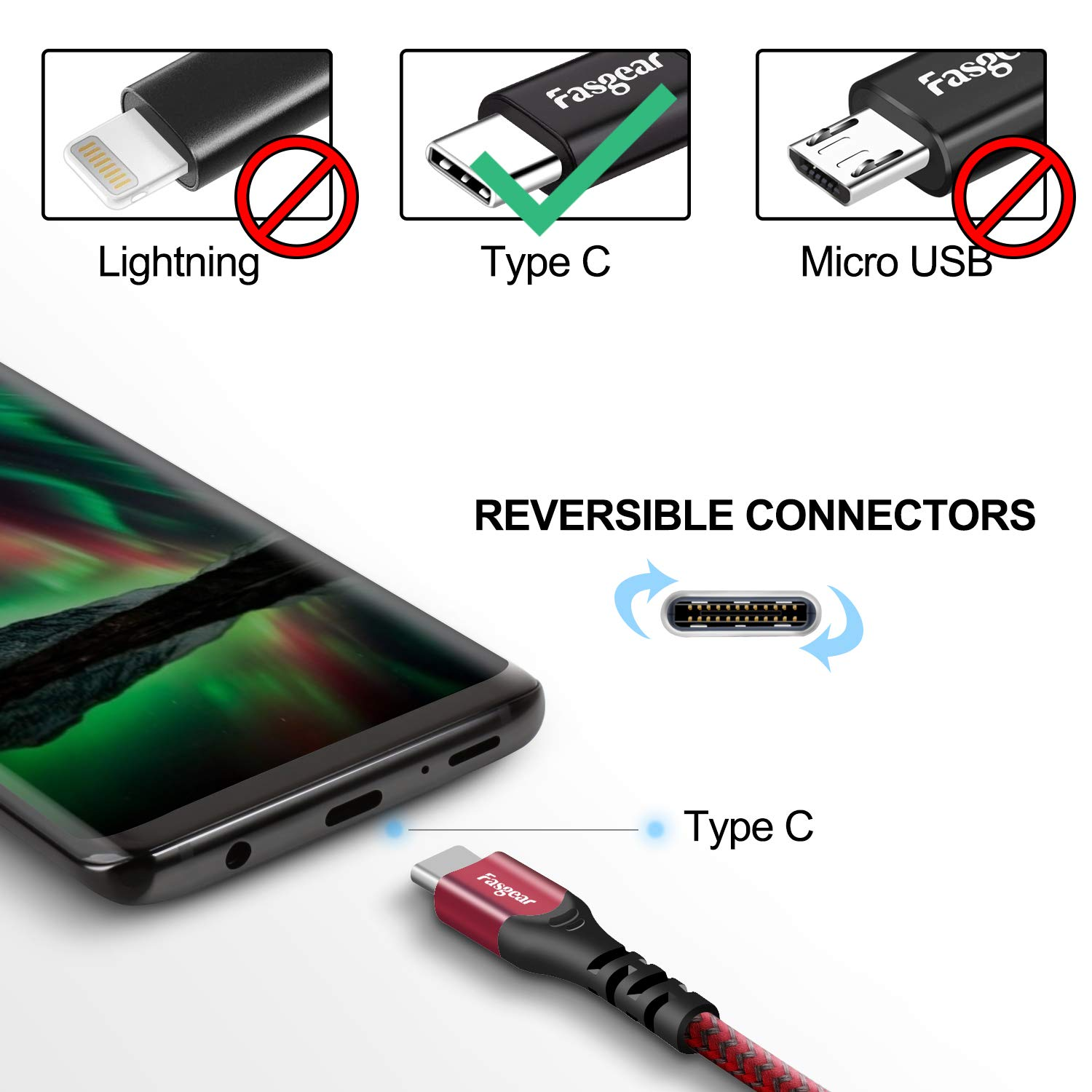 USB C Cable 1.8M/6 FT, Fasgear Braided USB a to Type C Cord 3A Fast Charge 480Mbps High Speed Data Sync Compatible with Galaxy Z Fold 4/S23/A13, Oppo Find X3/A76, Moto G62/Edge 20, Ipad Mini 6 (Red) image number 2
