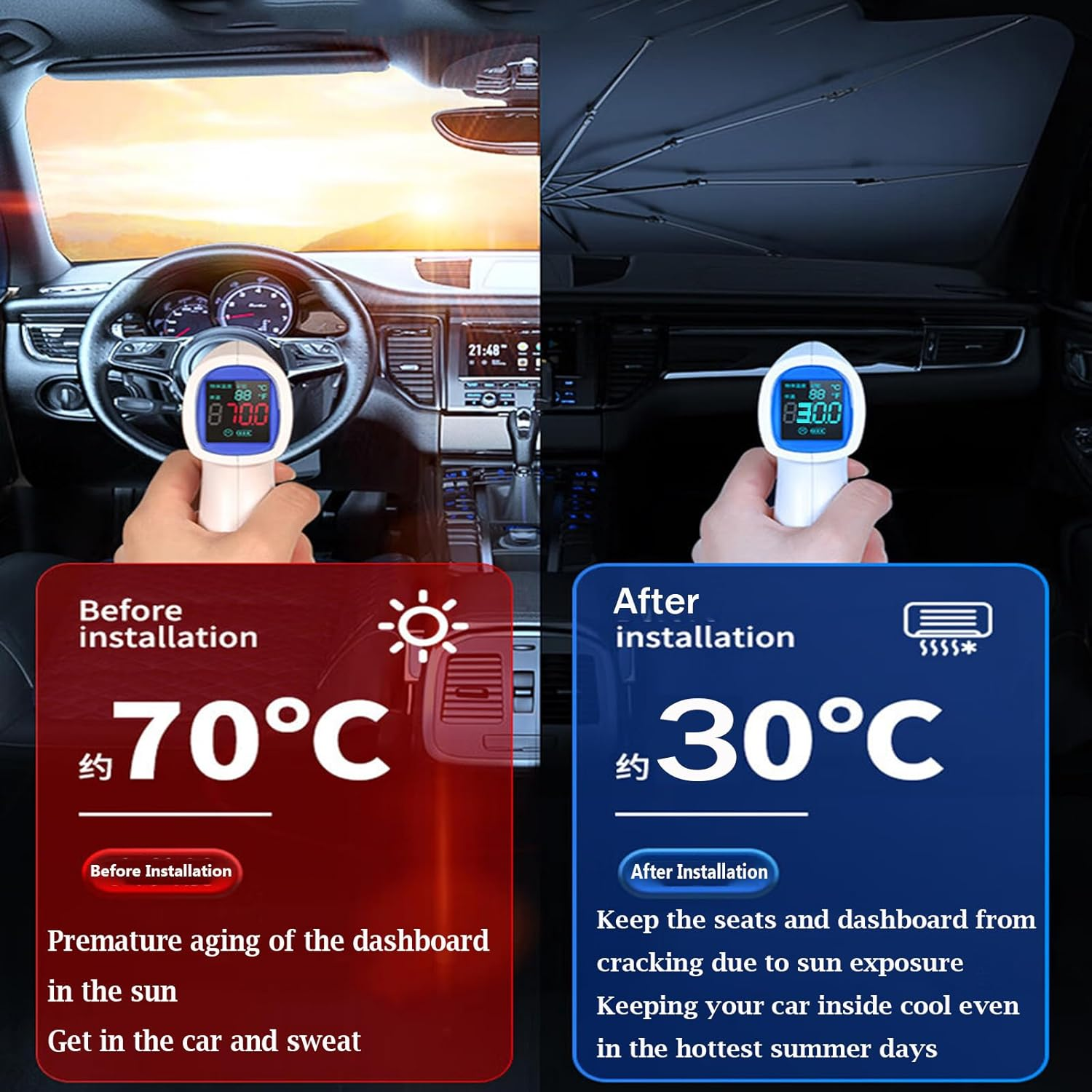 Car Windshield Sun Shade Umbrella,Pull Ring Car Sun Shade Front Window Cover,Upgrade Foldable Sunshade Umbrella with Opening Design for UV Ray Block for Most Vehicles 59 X 32Inch Large Size image number 4