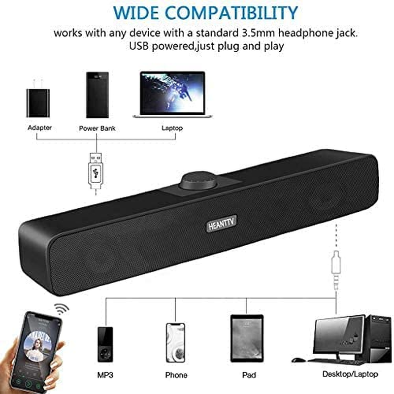 Computer Speakers for Desktop Monitors, PC Speakers, USB Powered 6W Stereo Soundbar with 2 Diaphragms,3.5Mm Aux Input, Knob Volume Control, Wired Soundbar for Desktop Smartphones Laptop,Black image number 5