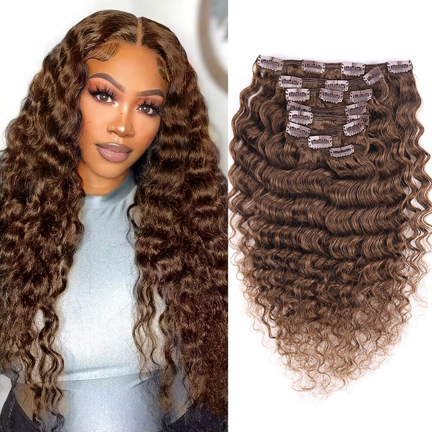 Fulang Hair Kinky Curly Clip-In Hair Extensions Real Hair 45 Cm 8 Pieces 120 G Dark Brown Hair Pieces Real Hair Extensions Clip-In Hair Extensions for Women