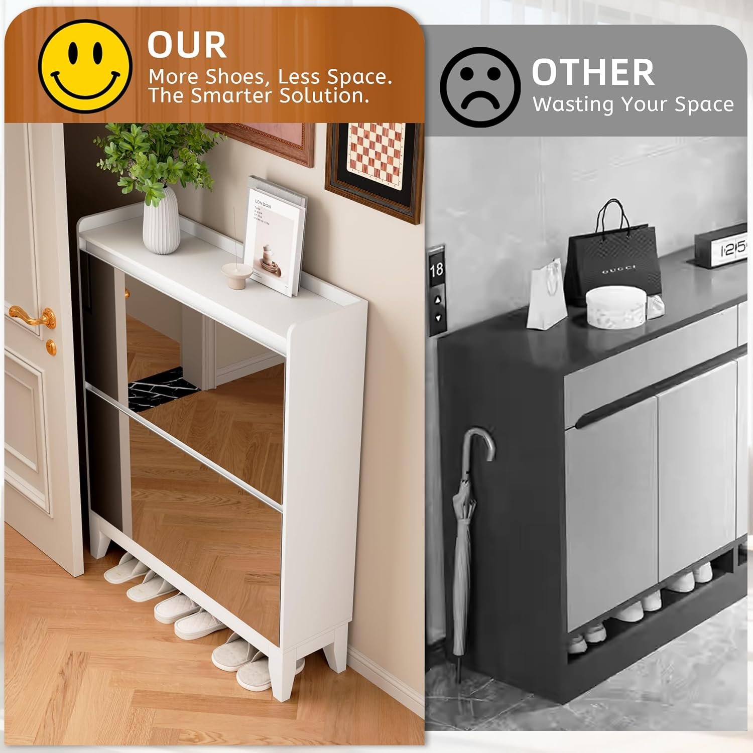 Dystler Shoe Cabinet with 2-Flip Mirror Drawers, Freestanding Shoe Rack Organizer with Legs, Slim Narrow Shoe Storage Cabinet for Entryway, Entrance, Hallway, Bedroom (White) image number 4