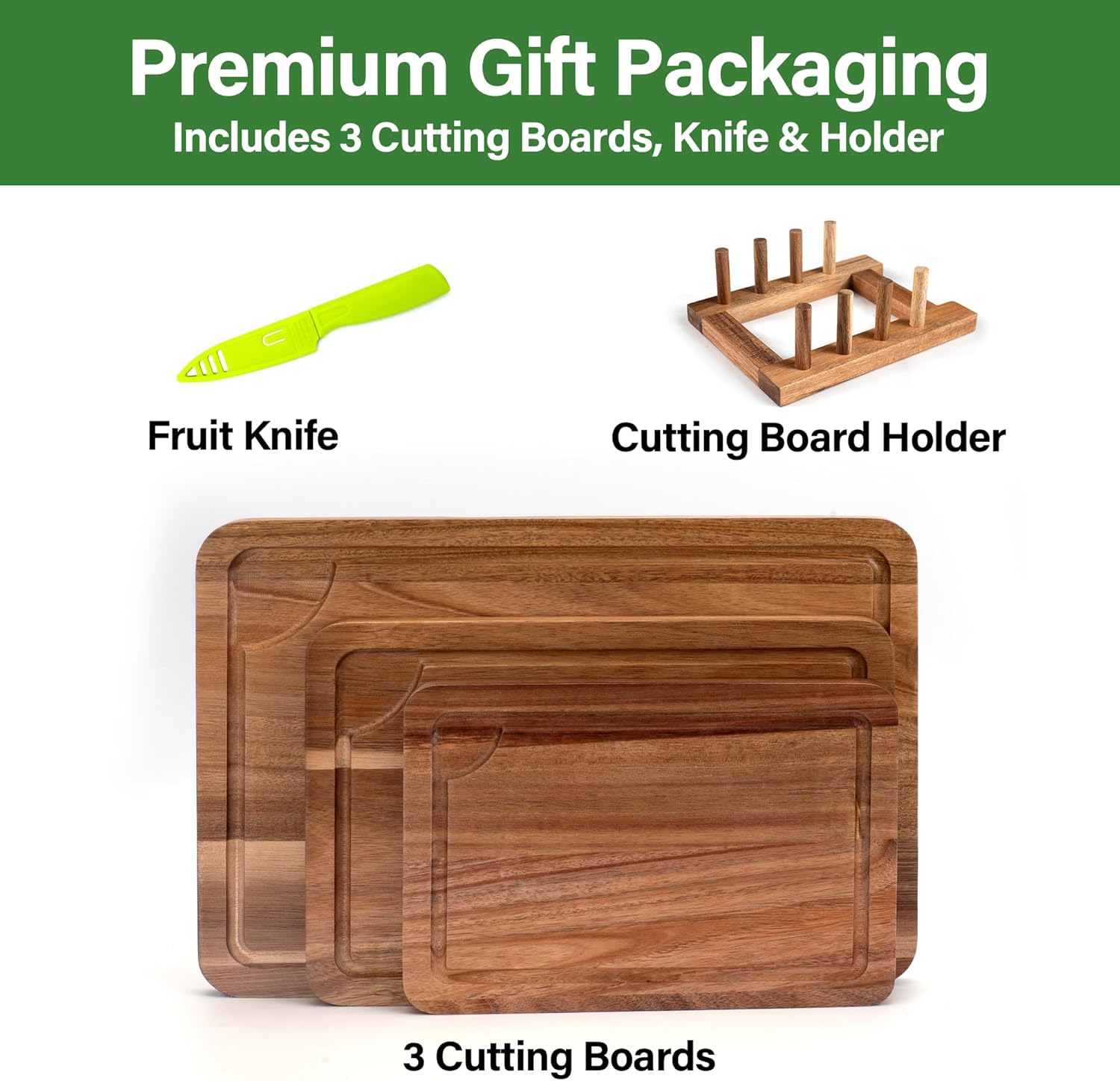 TJ POP Acacia Wood Chopping Board for Kitchen, Wooden Cutting Board Set of 3 with Stand and Juice Groove, Double-Sided Chopping Board Serving Board for Meat, Vegetables, Fruits and Cheese - Acacia Wood (3 Set) image number 4