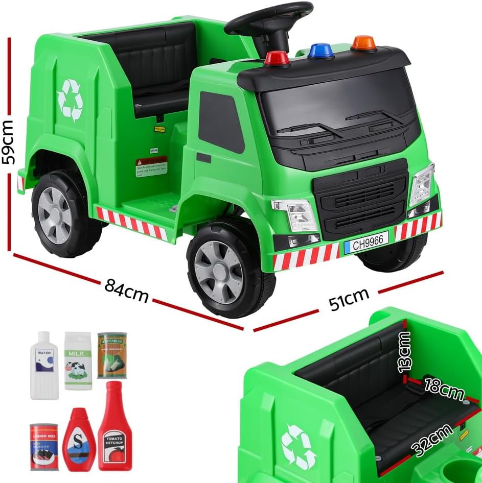 Rigo Kids Ride on Car Garbage Truck Police Light 12V Electric Toys Cars Green - Green image number 5