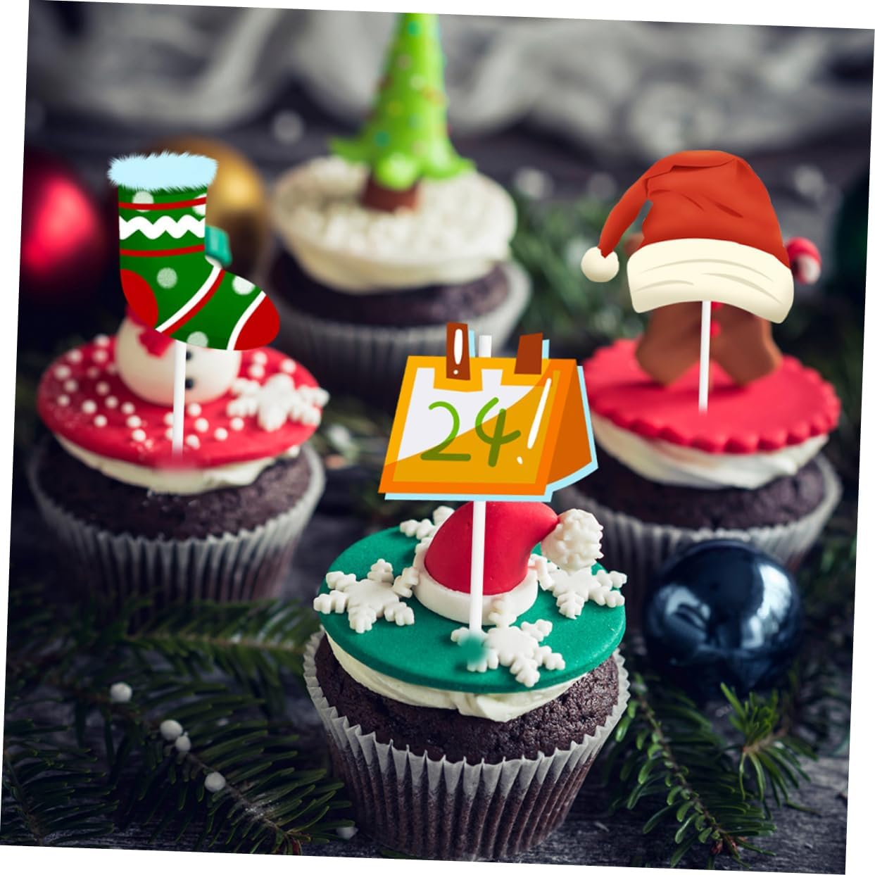 Merry Christmas Themed Cake Decorations Set 2 Pack 24Pcs Cupcake Topper Snowman Reindeer Cupcake Picks Cake Ornaments image number 1