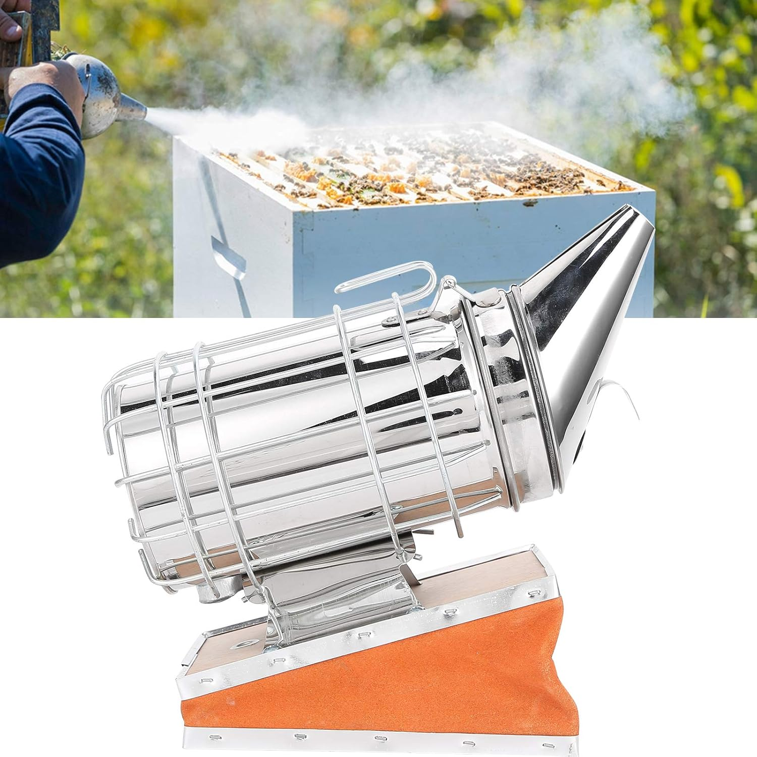 Stainless Steel Beekeeping Smoker, Large Pro Bee Smoker with Red Cowhide Smoke Storage Part, Mounting Hook, Easy to Carry and Store, Beekeeping Equipment for Beekeeper image number 6