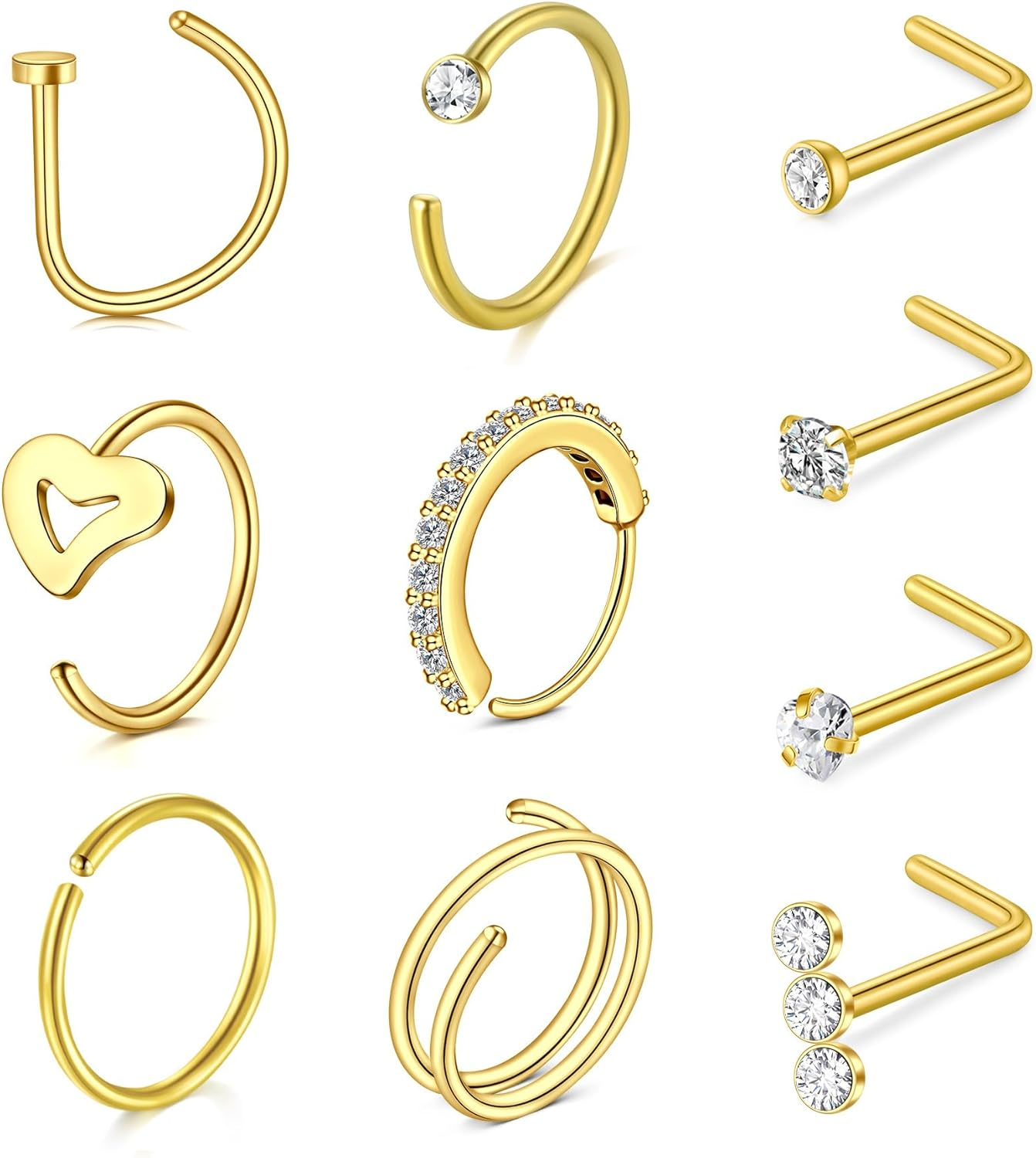 MODRSA 18G 20G 22G 8Pcs Surgical Steel Nose Rings Studs 2Mm Colorful round CZ L Shaped Nose Piercing Jewelry