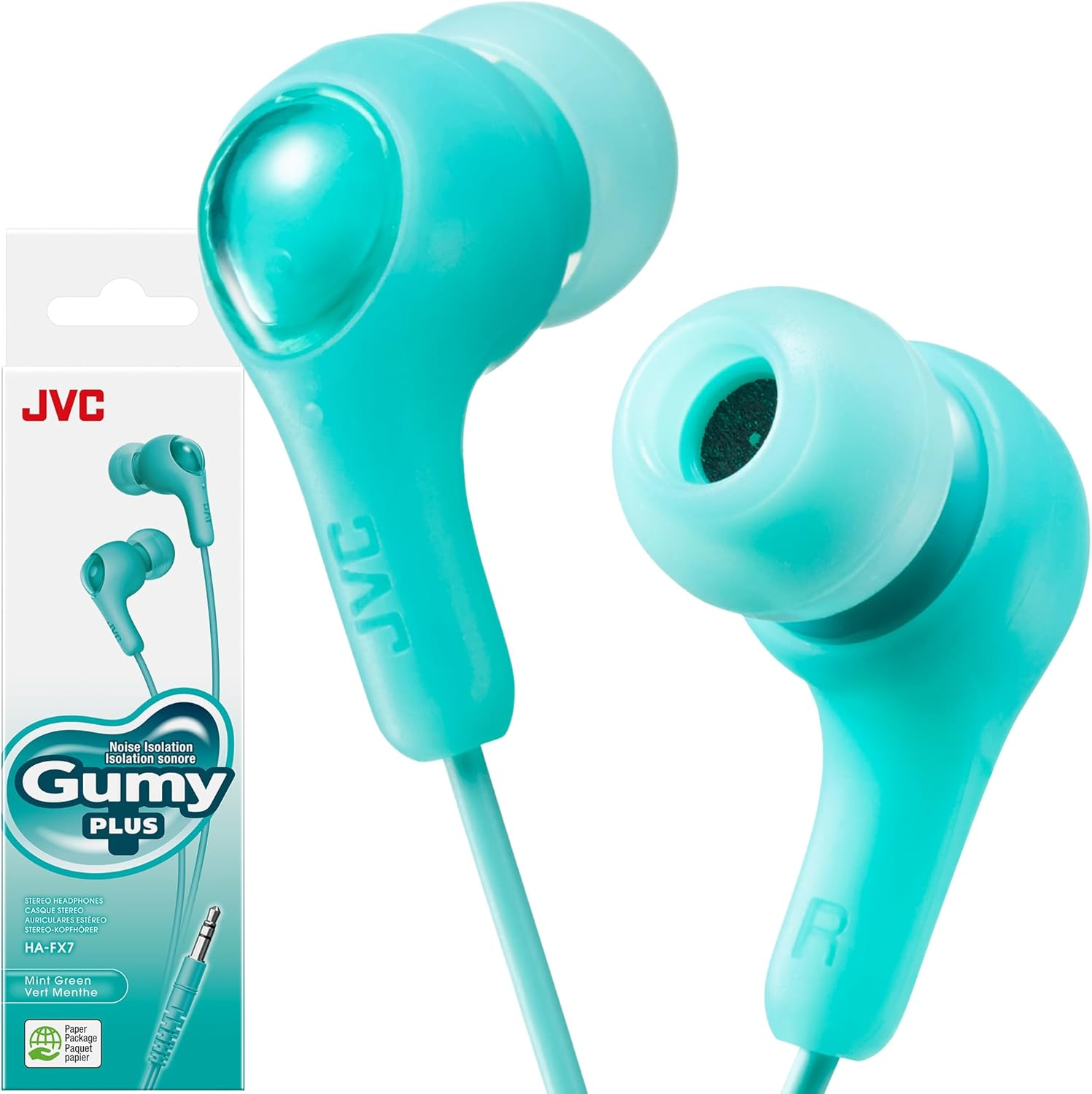 JVC Gumy in Ear Earbud Headphones with Paper Package, Powerful Sound, Comfortable and Secure Fit, Silicone Ear Pieces S/M/L - HAFX7BN (Black)
