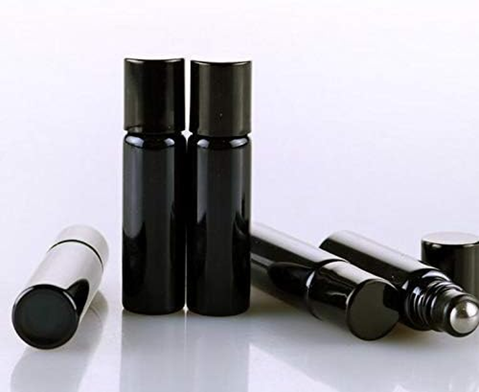 6PCS 5Ml Upscale Glass Roll-On Bottles with Lid and Stainless Steel Roller Ball Empty Refillable Essential Oil Perfume Liquids Roller Bottles Vial Portable Container Pot Jar (Black)