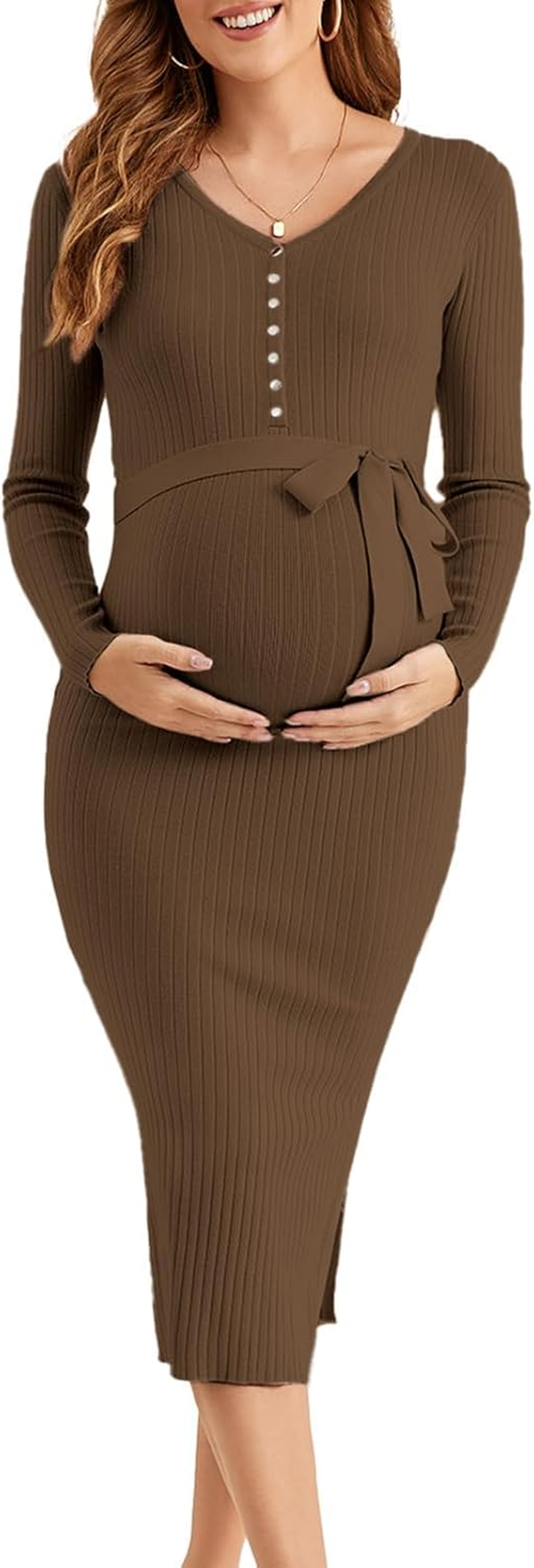 Ecavus Women'S Long Sleeve Maternity Sweater Dress for Baby Shower V Neck Slit Maternity Photoshoot Dress with Belt