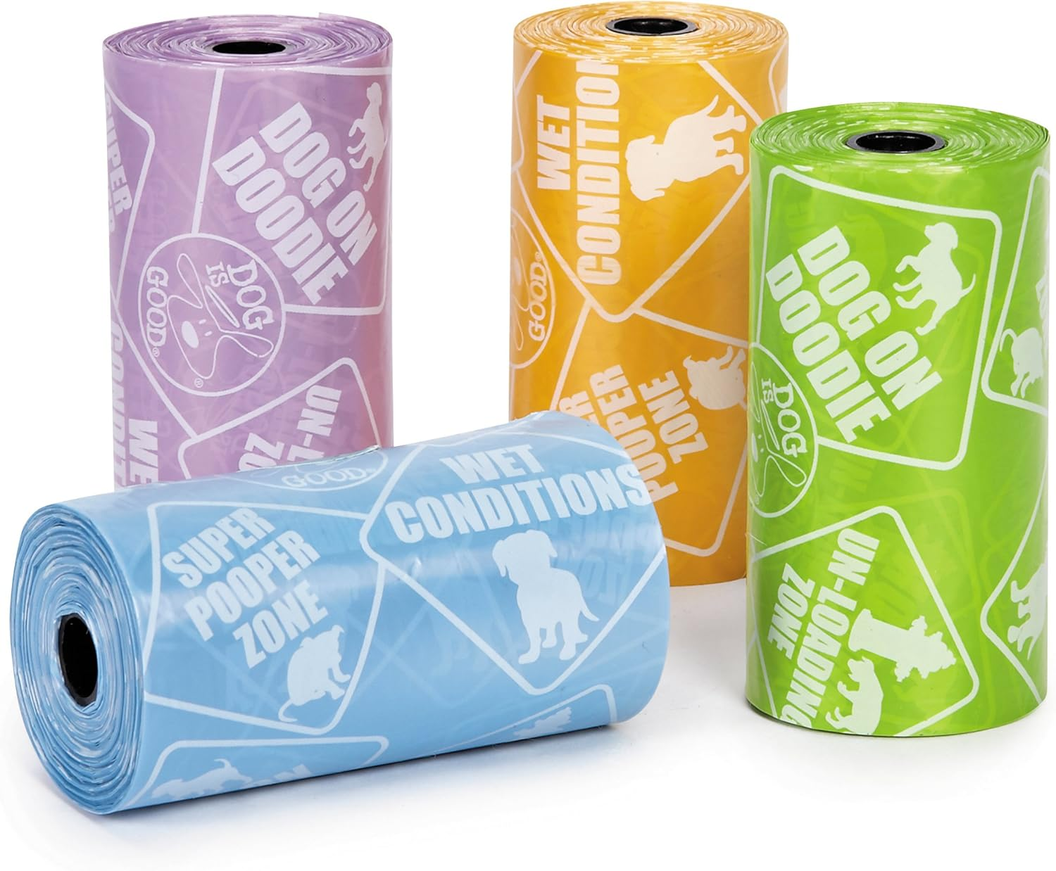 Dog Is Good Potty Talk Waste Bags, 8-Pack - Durable Leakproof Plastic Poop Bags - Assorted Bright Colors, Cute Phrases image number 1