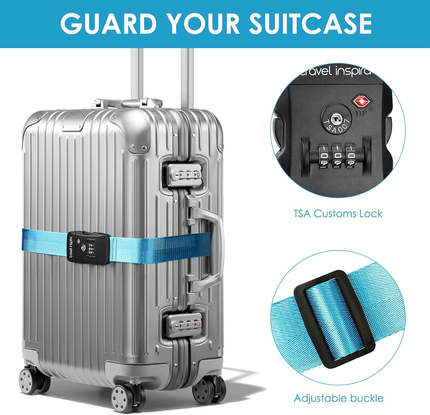 Travel Inspira Travel Belt for Luggage, TSA Approved Luggage Straps, 3-Dial Combination Locks Adjustable Suitcase Belt, Quick-Release Buckle